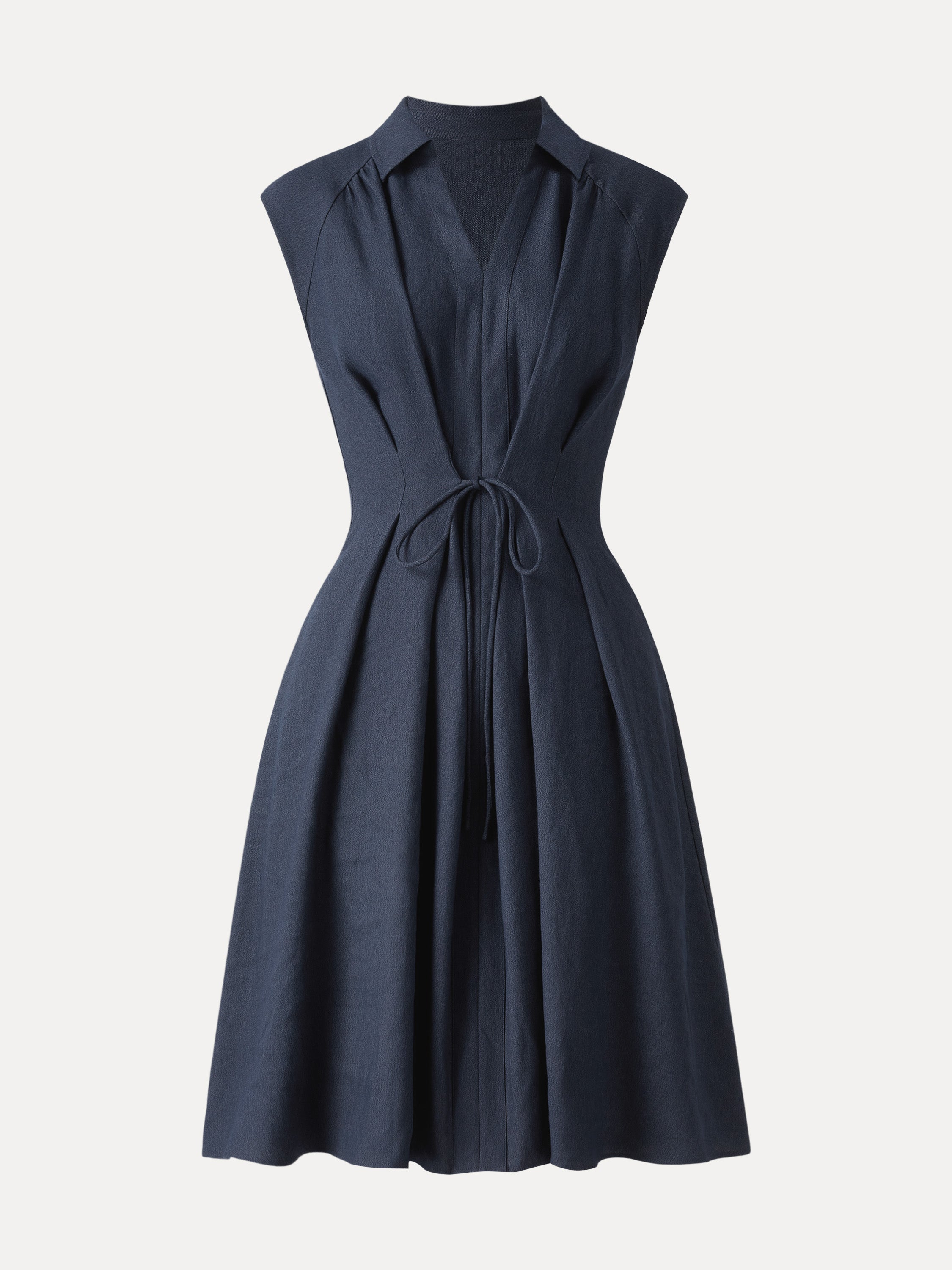 OGLmove Viscose-Linen Collared V-Neck Midi Dress with Drawstring