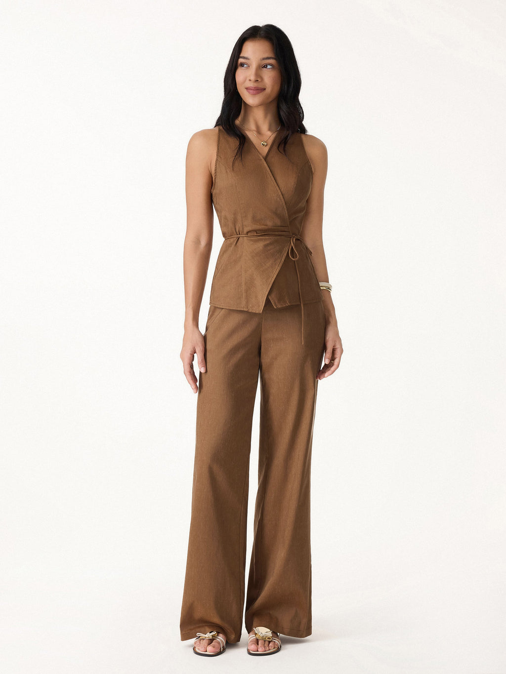 OGLmove 2Pcs Wrap Top and Wide Leg Pant Set with Pockets