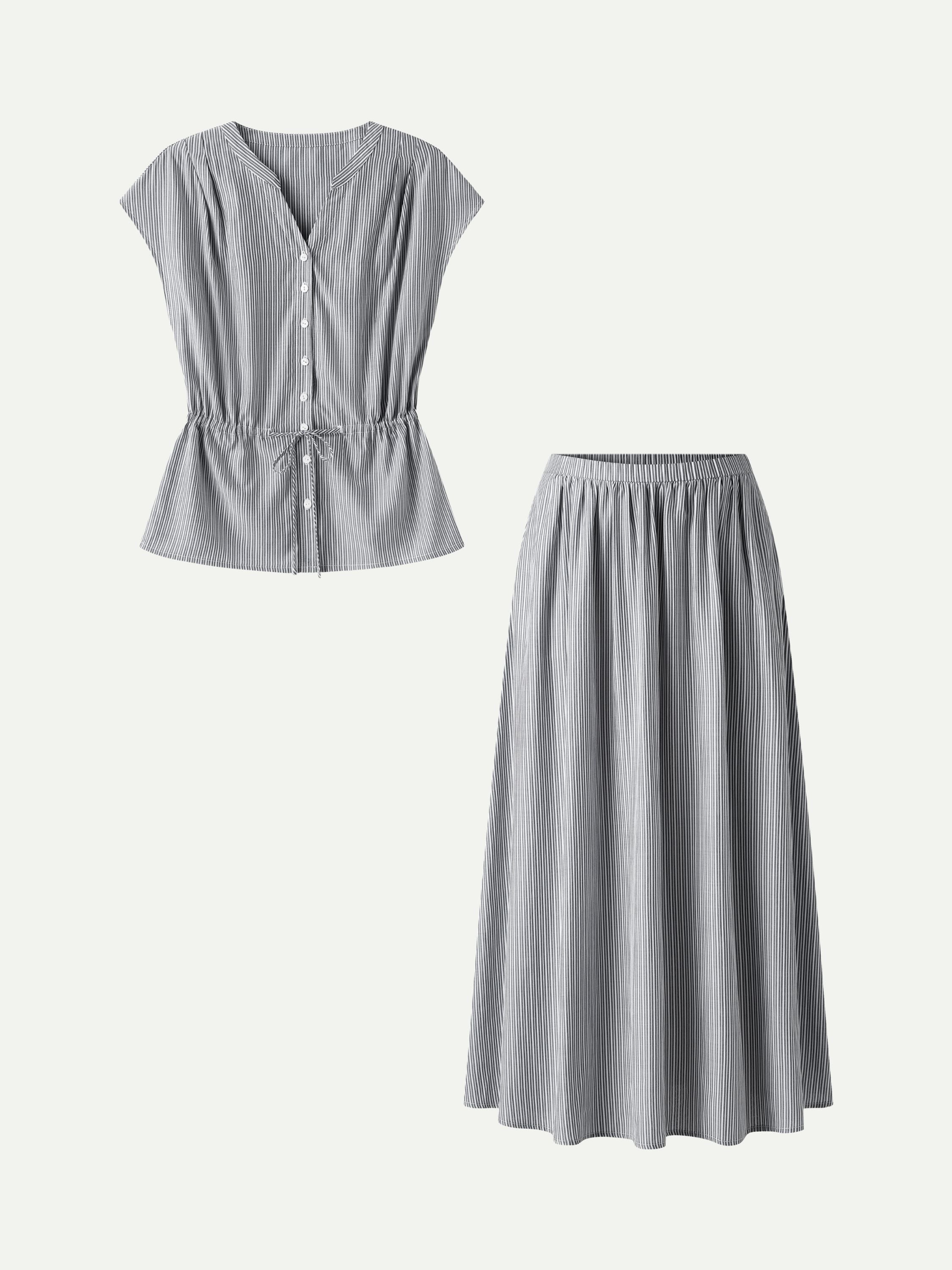 OGLmove Women's 2-Piece Set Drawstring Waist Poplin Shirt & High Rise Midi Skirt with Pockets
