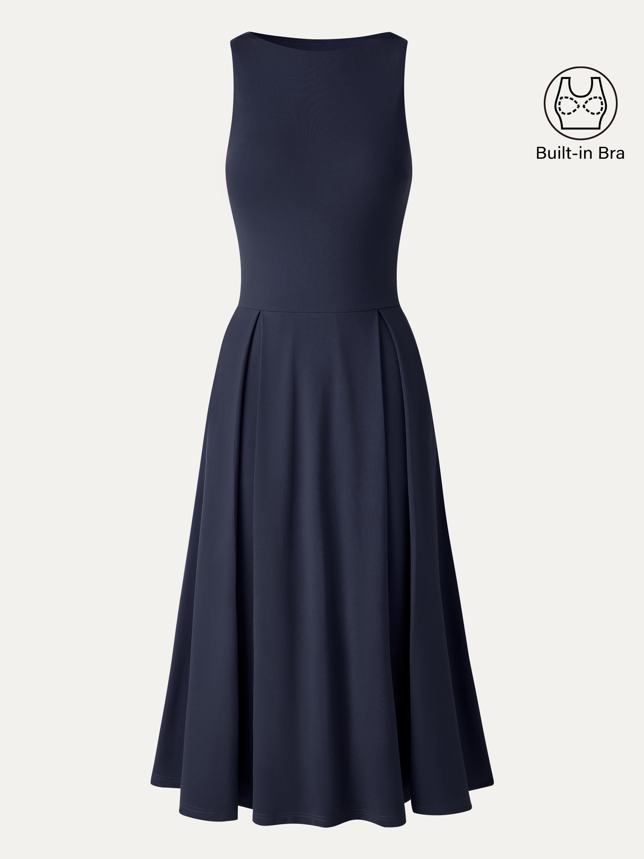 OGLmove Women's Boatneck Pleated Fit-and-Flare Midi Bra Dress with Pockets