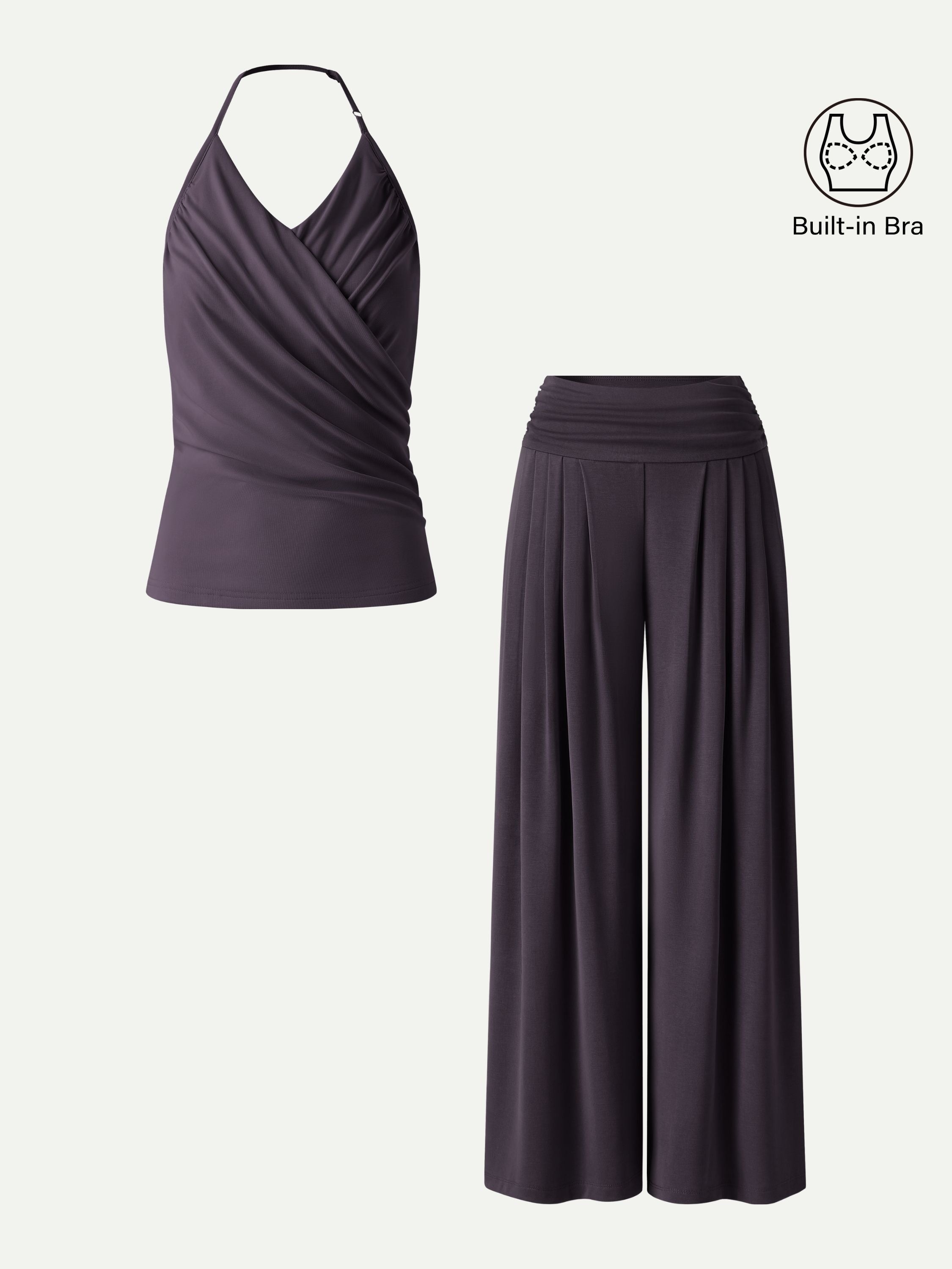 OGLmove Halter Neck Surplice Bra Top & Tucked Palazzo Pant Set with Pockets