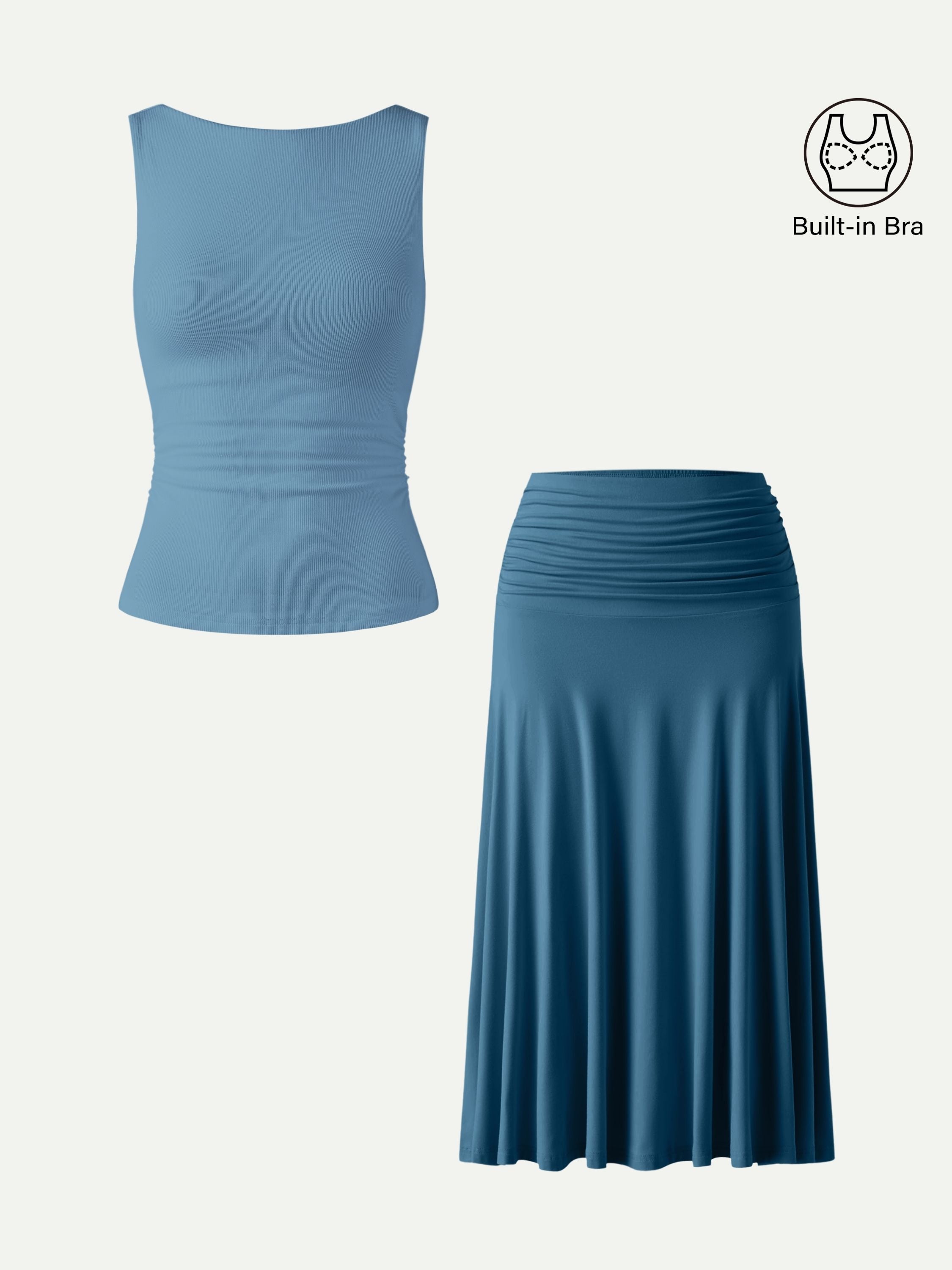 OGLmove Open Back Bra Tank & Side Ruched A-Line Midi Skirt Set