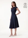 OGLmove Asymmetrical Shoulder Tucked Midi Bra Dress with Pockets