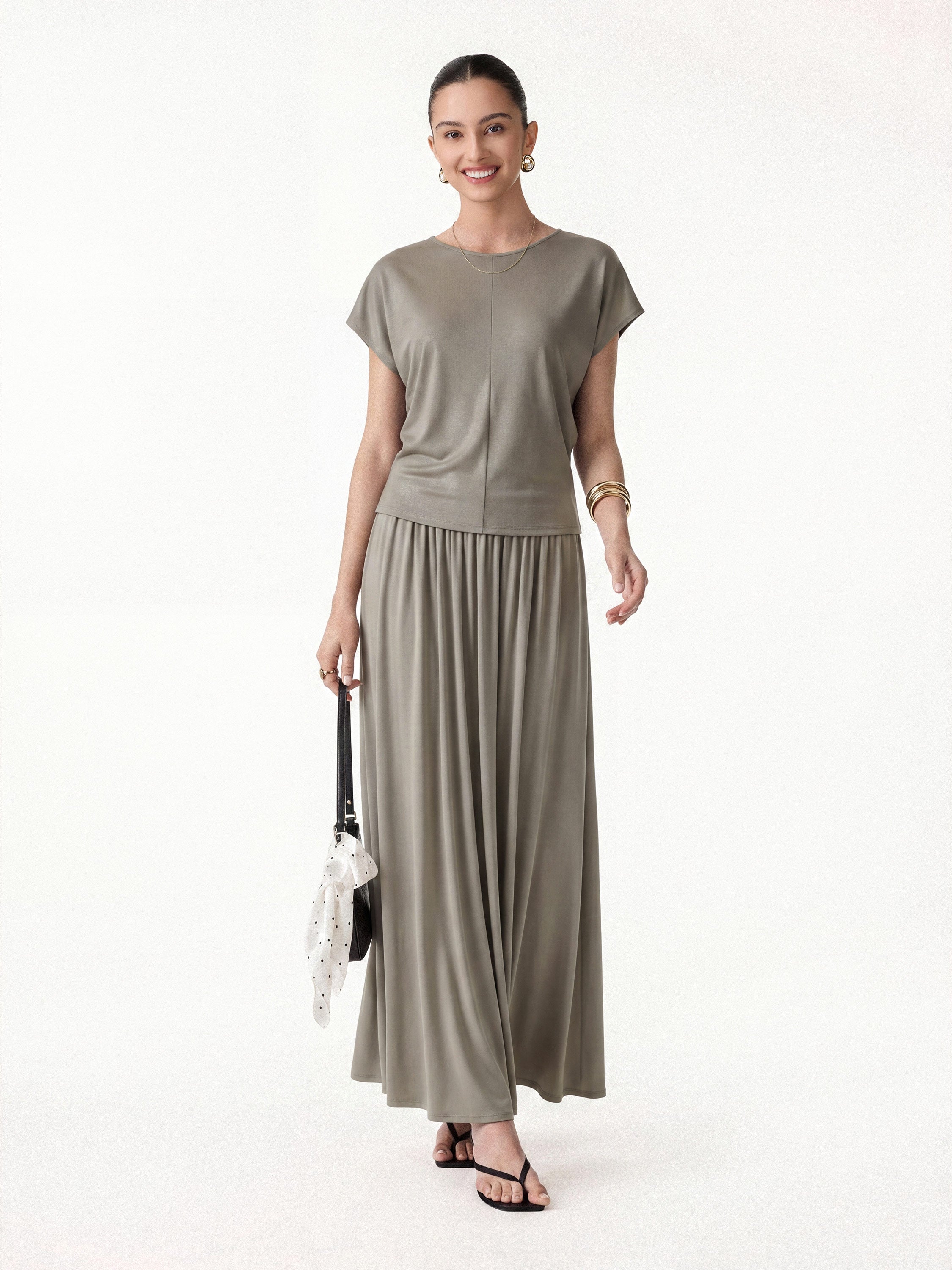 OGLmove Round Neck Top & A-Line Maxi Skirt Set with Pockets