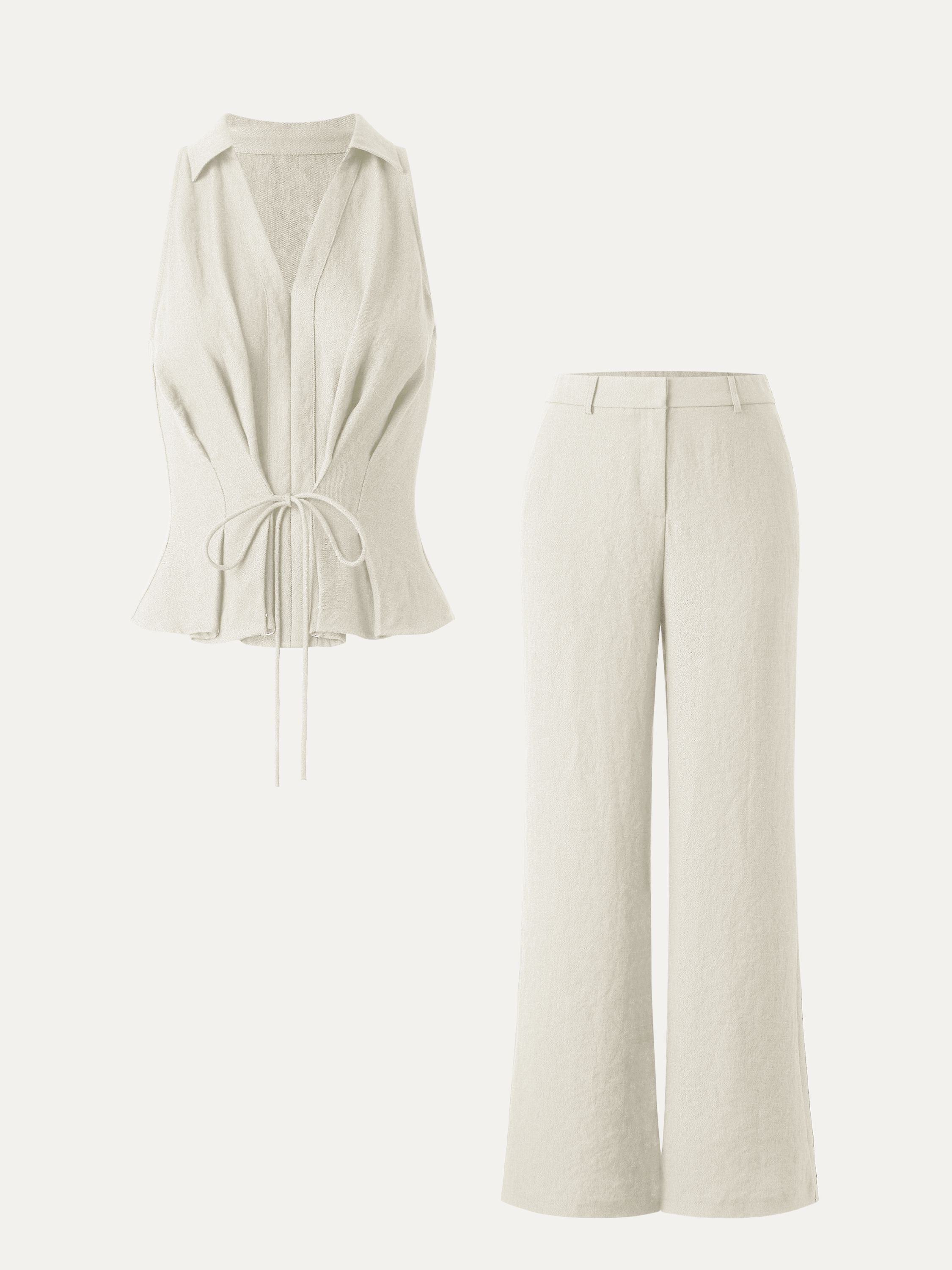OGLmove Collared V-neck Sleeveless Top & Mid Rise Flared Pant Set with Pockets
