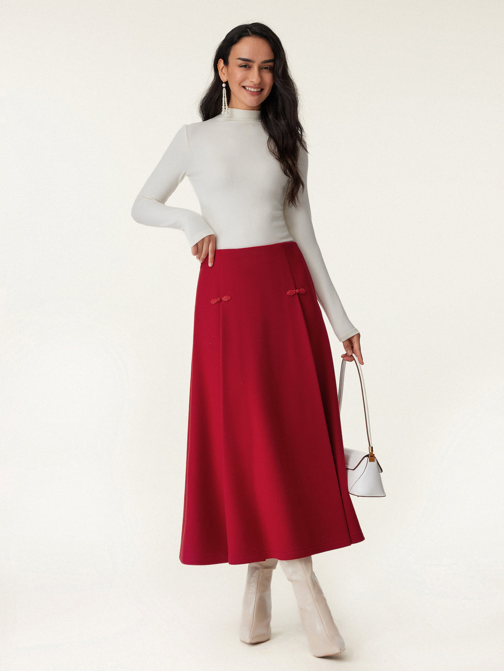 OGLmove Wool-Like Frog Button A-Line Midi Skirt
