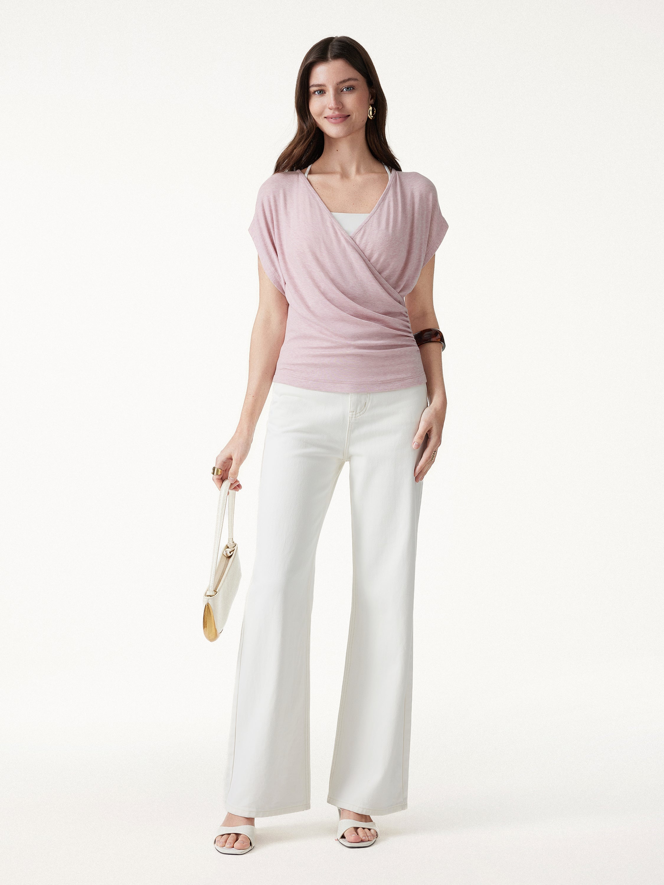 OGLmove Lyocell Blend Ruched Surplice Short Sleeve Top
