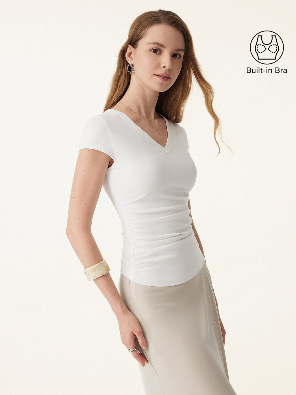 OGLmove Women's V-Neck Side Ruched Cap Sleeve Bra Tee