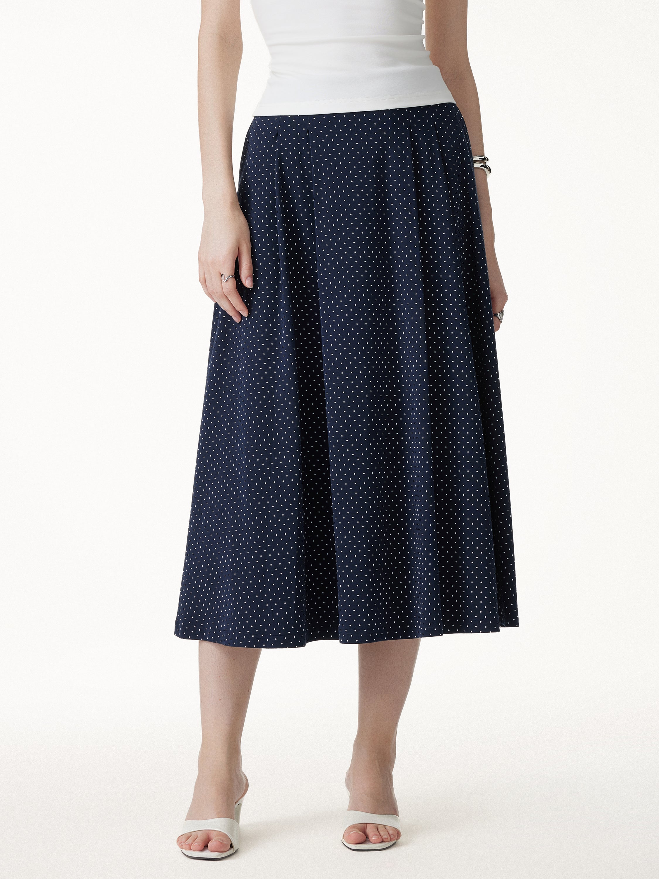 OGLmove Stretch Cotton Polka Dot A-Line Flare Midi Skirt with Pockets