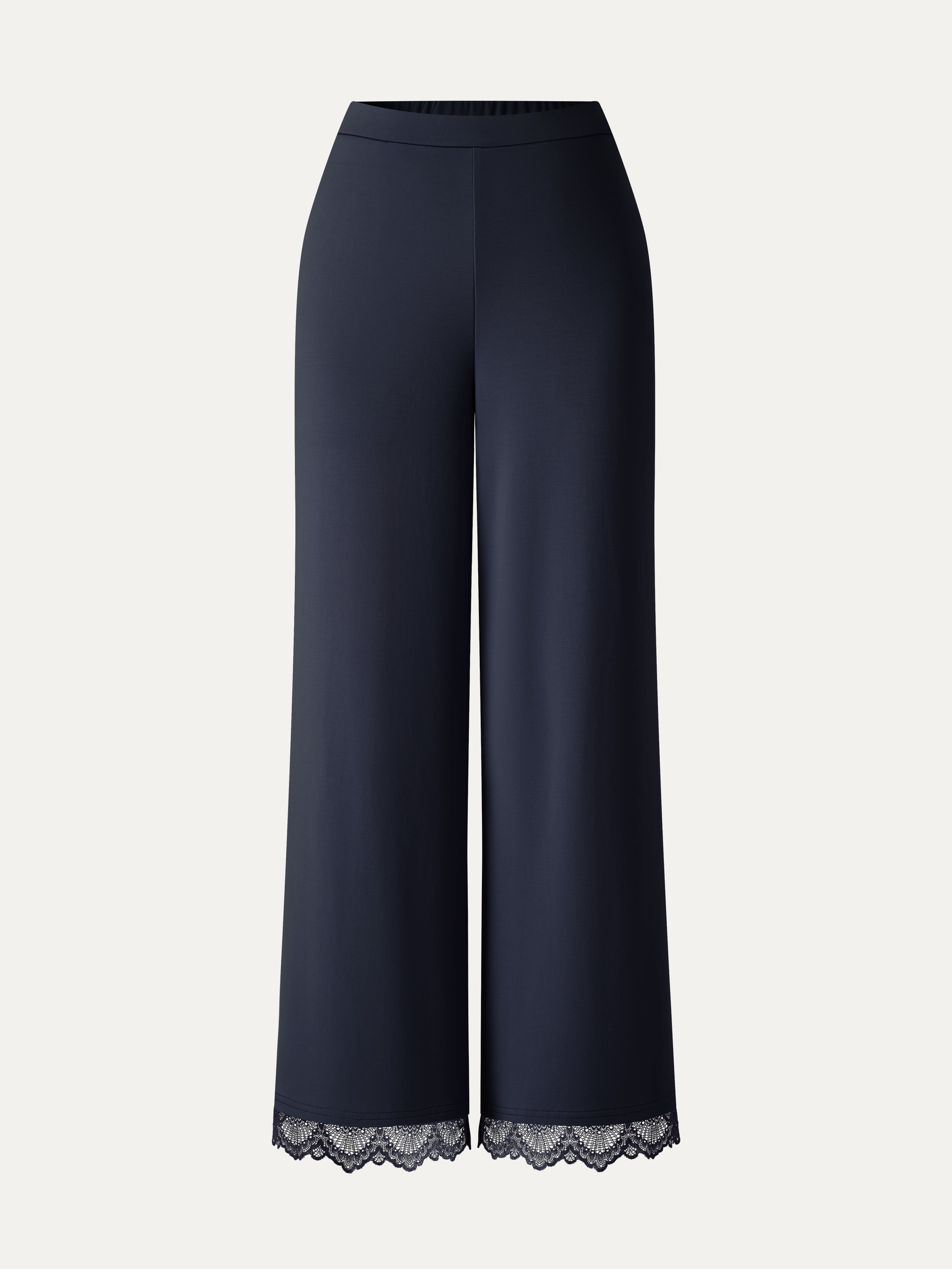 OGLmove Lace Trim Draped Mid Rise Wide Leg Pants with Pockets