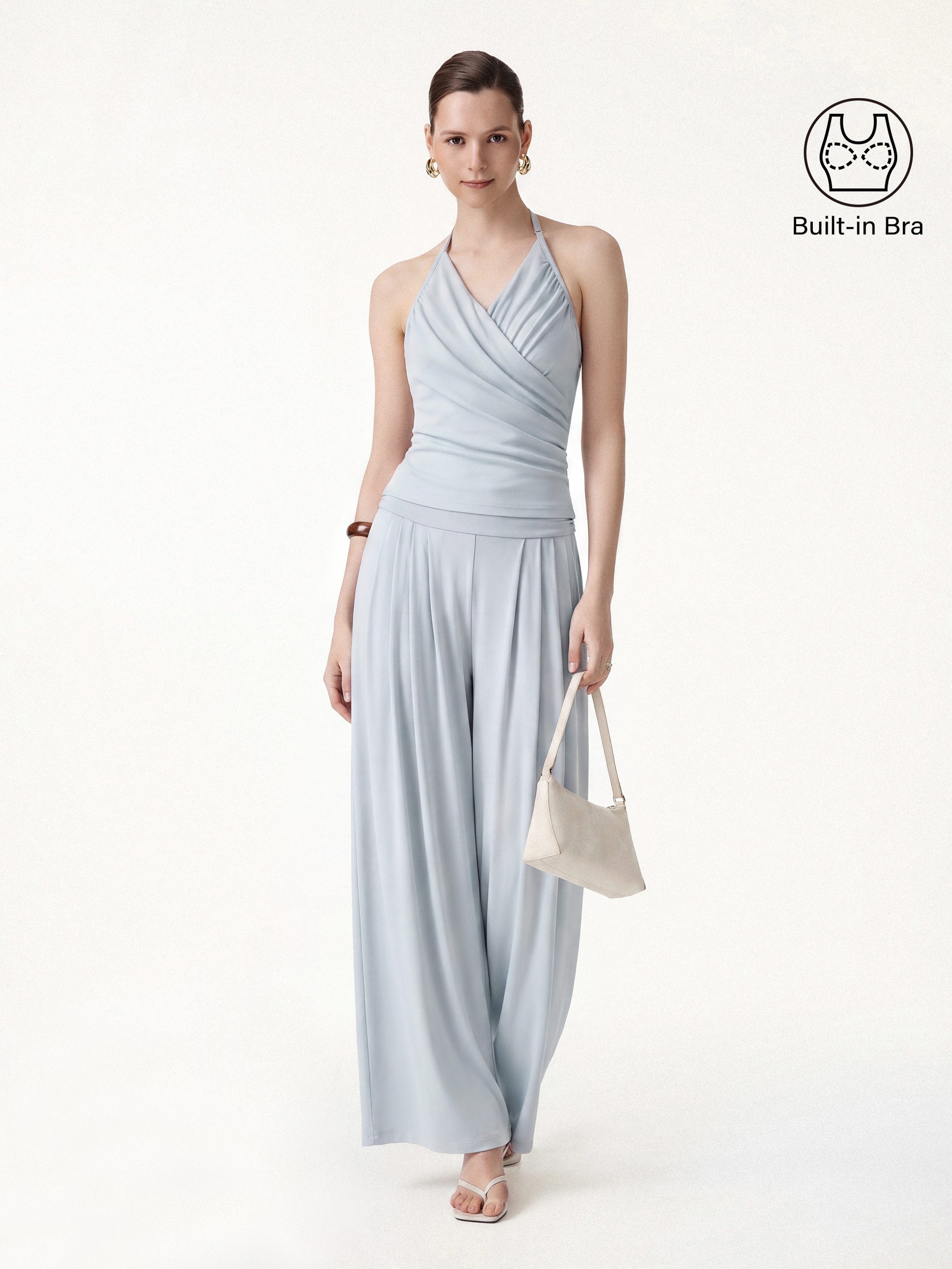 OGLmove Halter Neck Surplice Bra Top & Tucked Palazzo Pant Set with Pockets