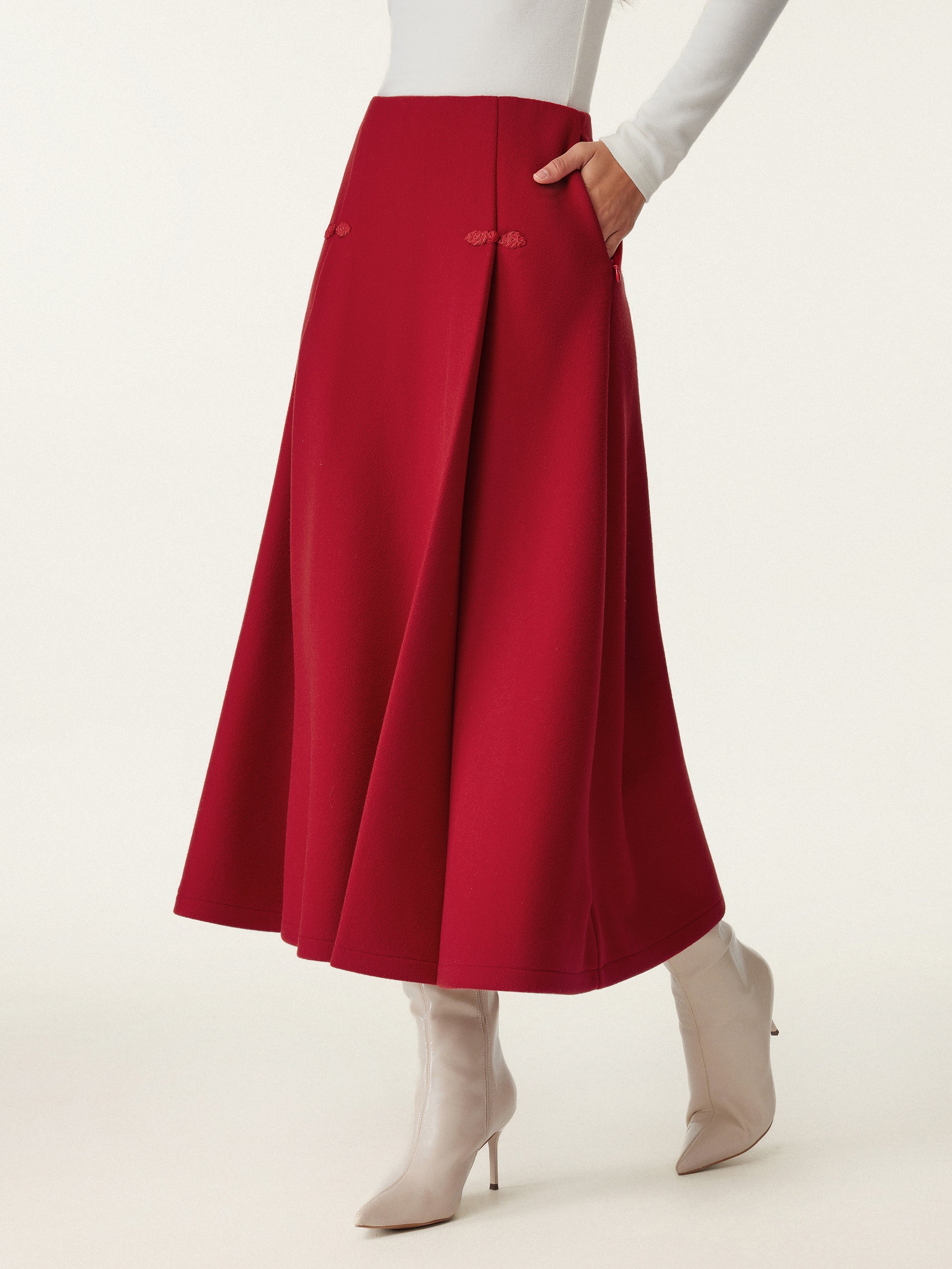 OGLmove Wool-Like Frog Button A-Line Midi Skirt