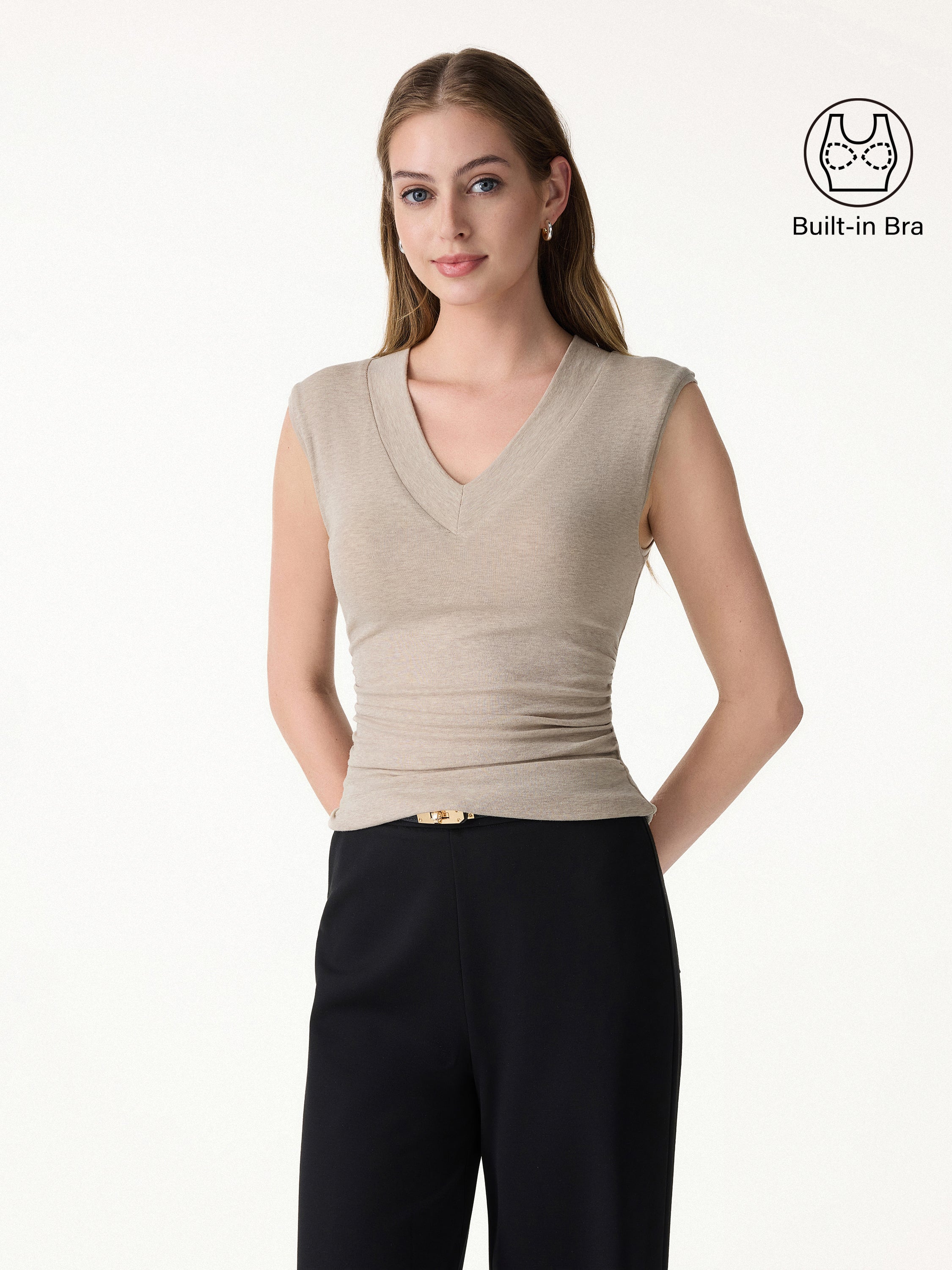 OGLmove Women's V-Neck Wide Shoulder Ruched Bra Top