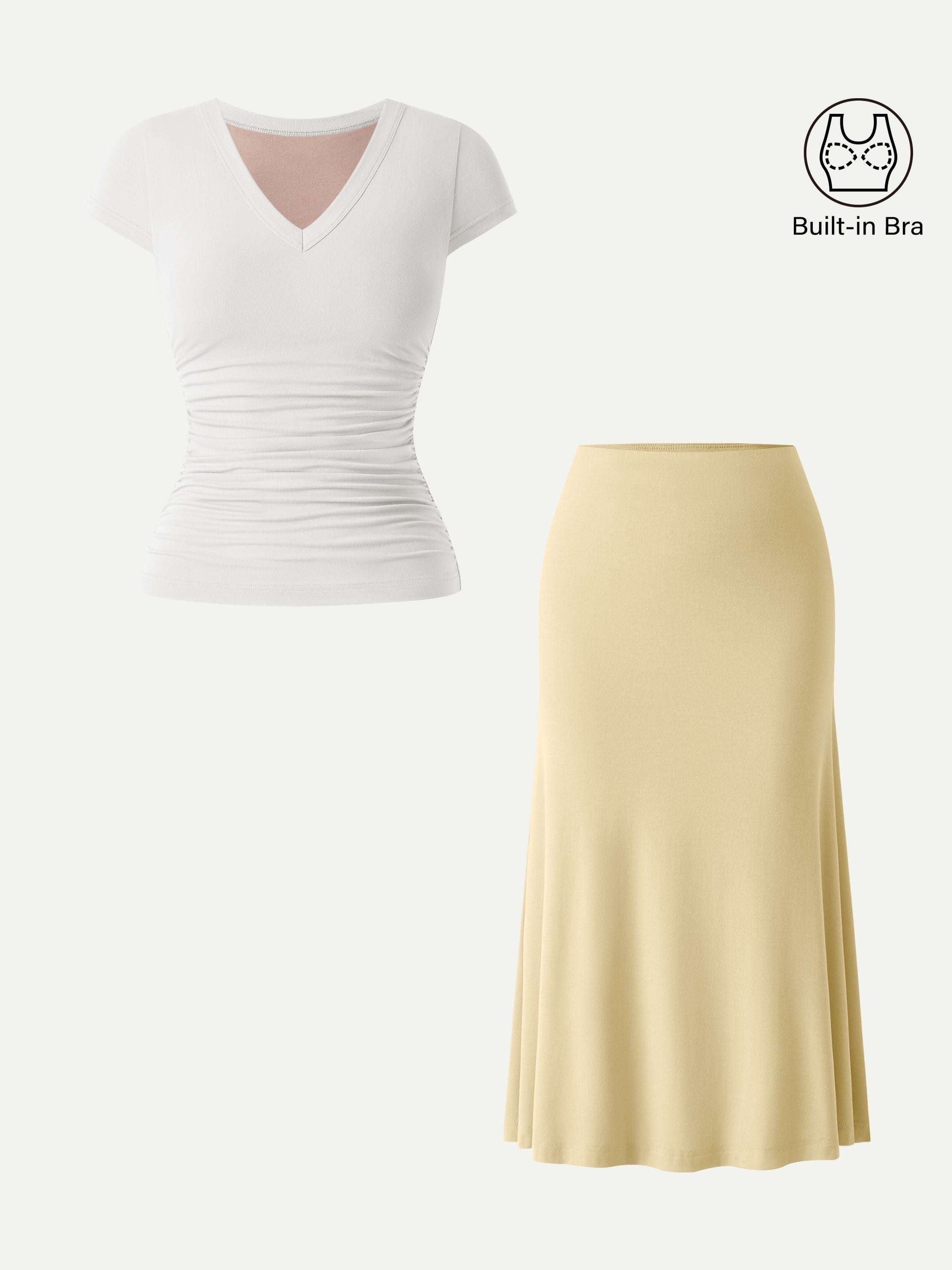 OGLmove Women's V-Neck Cap Sleeve Bra Tee & Pull-On Mermaid Midi Skirt 2Pcs Set