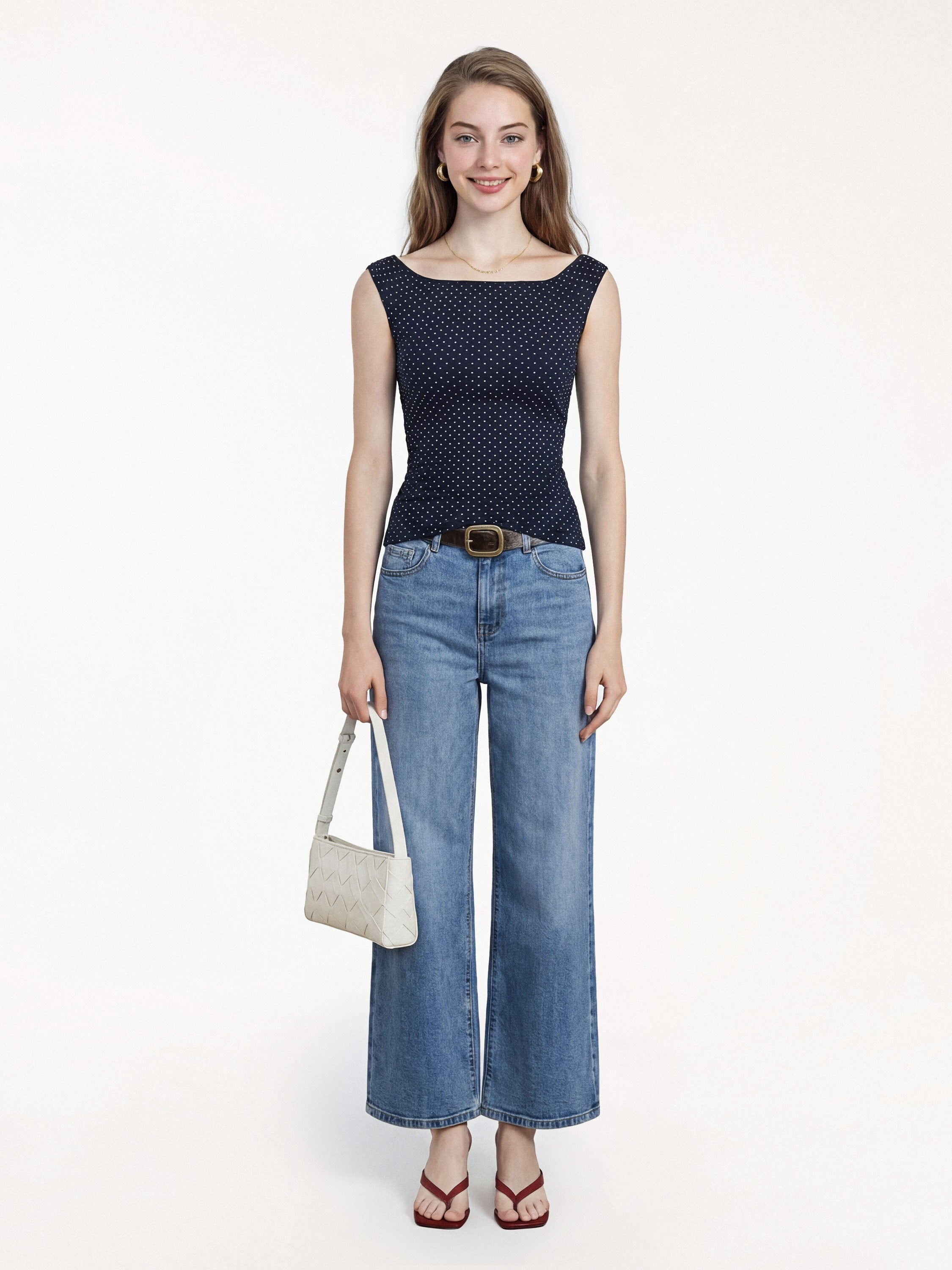 OGLmove Stretch Cotton Polka Dot Boatneck Ruched Bra Top