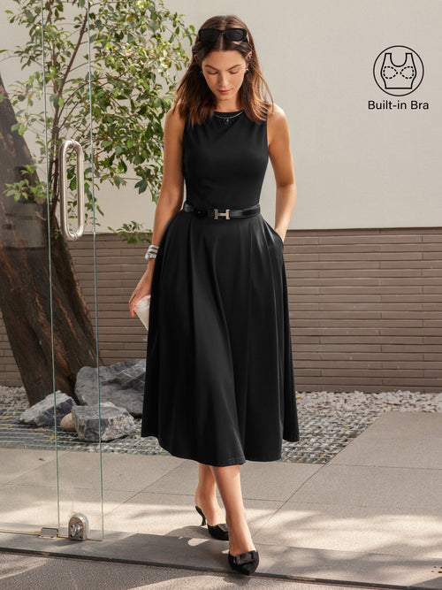 OGLmove Boatneck Bamboo Ponte Bra Midi Dress with Pockets