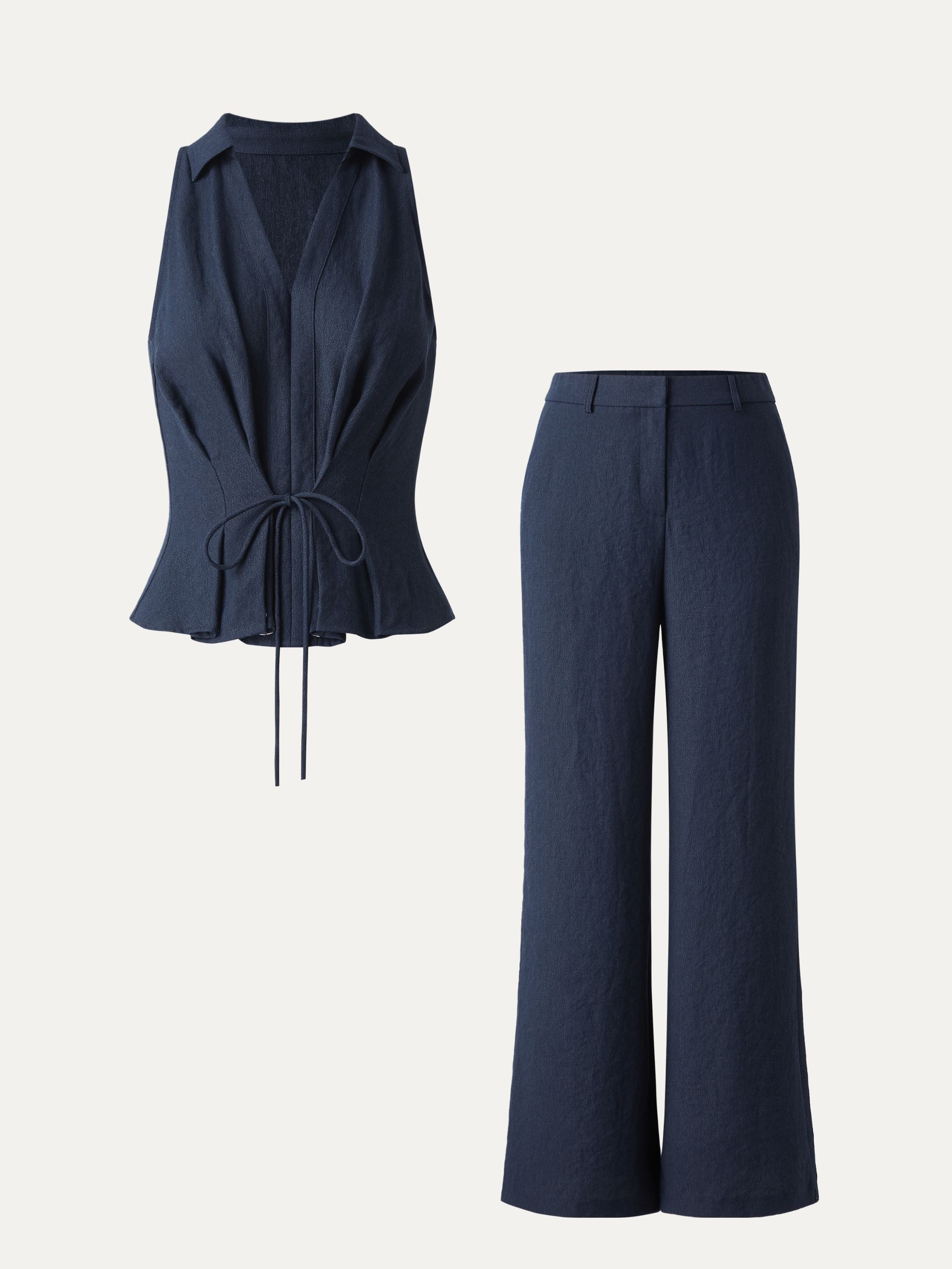 OGLmove Collared V-neck Sleeveless Top & Mid Rise Flared Pant Set with Pockets