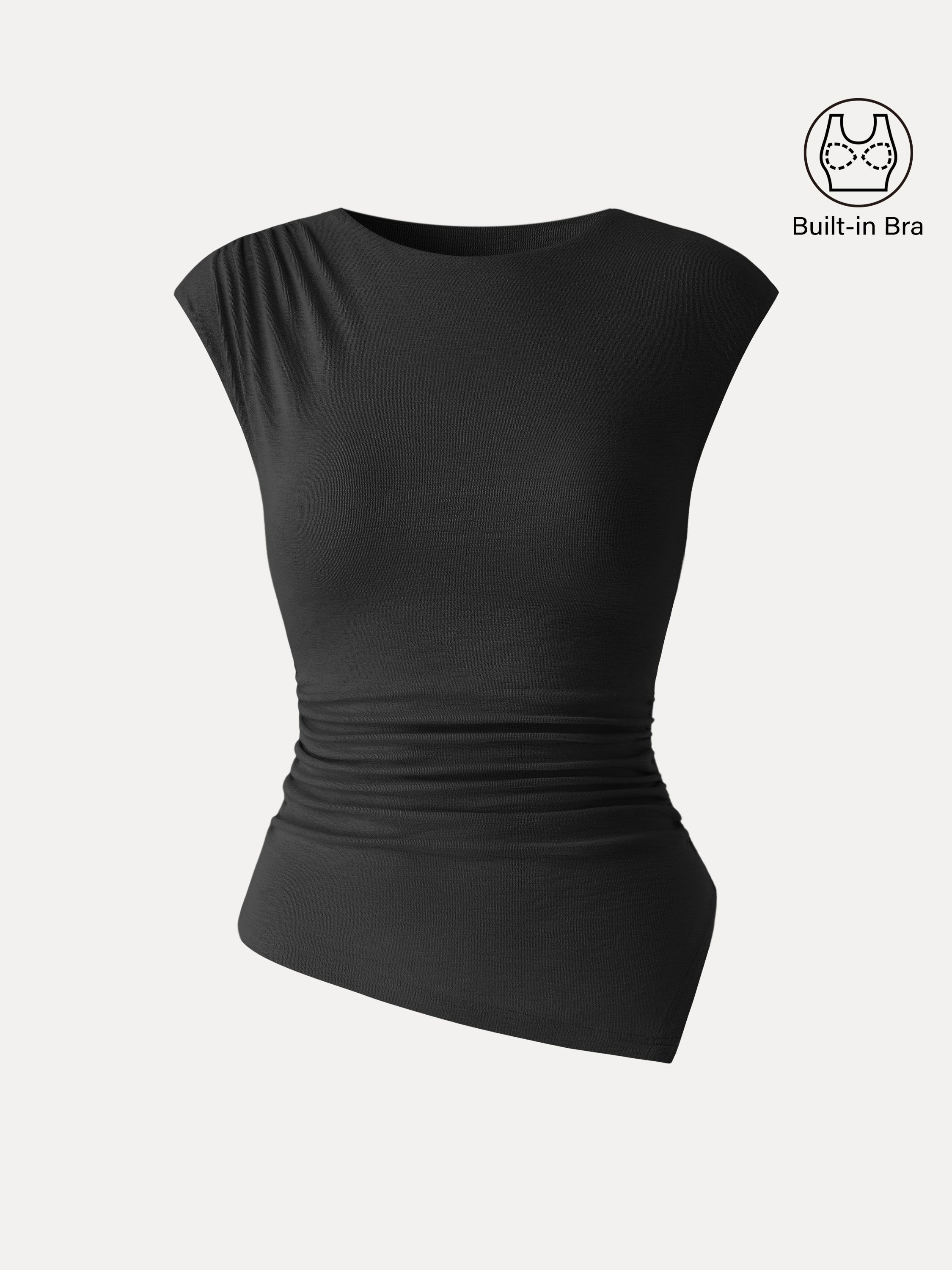 OGLmove Women's Matte Smooth Cap Sleeve Ruched Asymmetrical Bra Top