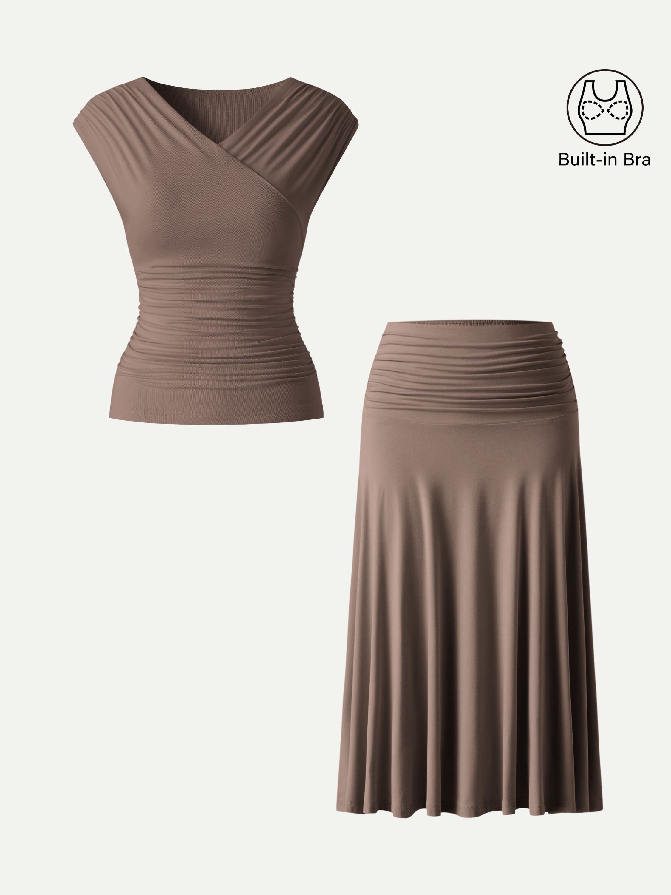 OGLmove 2Pcs Set Surplice V-Neck Bra Top & Side Ruched A-line Midi Skirt