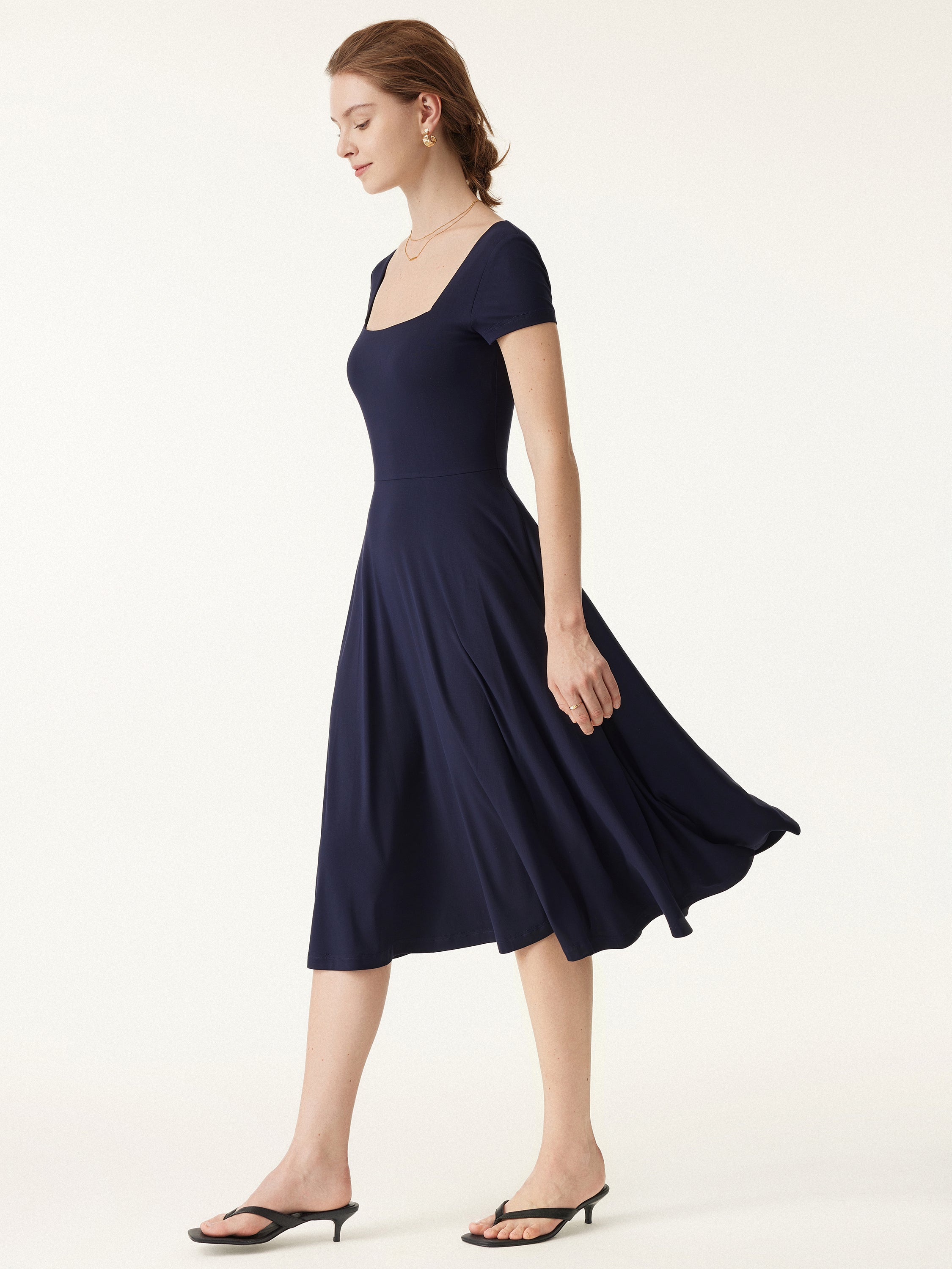 OGLmove Women's Flowy Square Neck Short Sleeve Midi Bra Dress