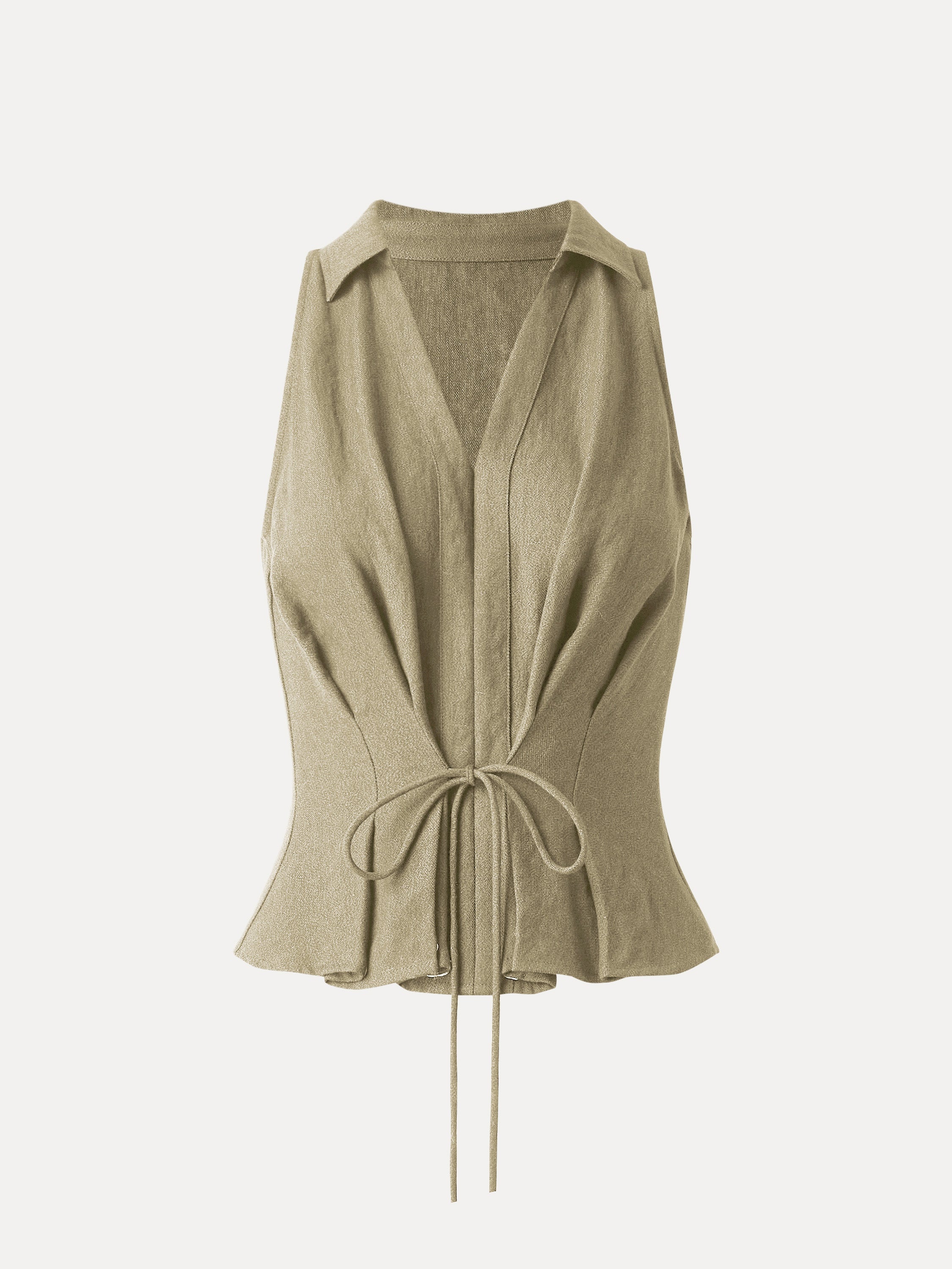 OGLmove Collared V-Neck Pleated Sleeveless Top with Drawstring