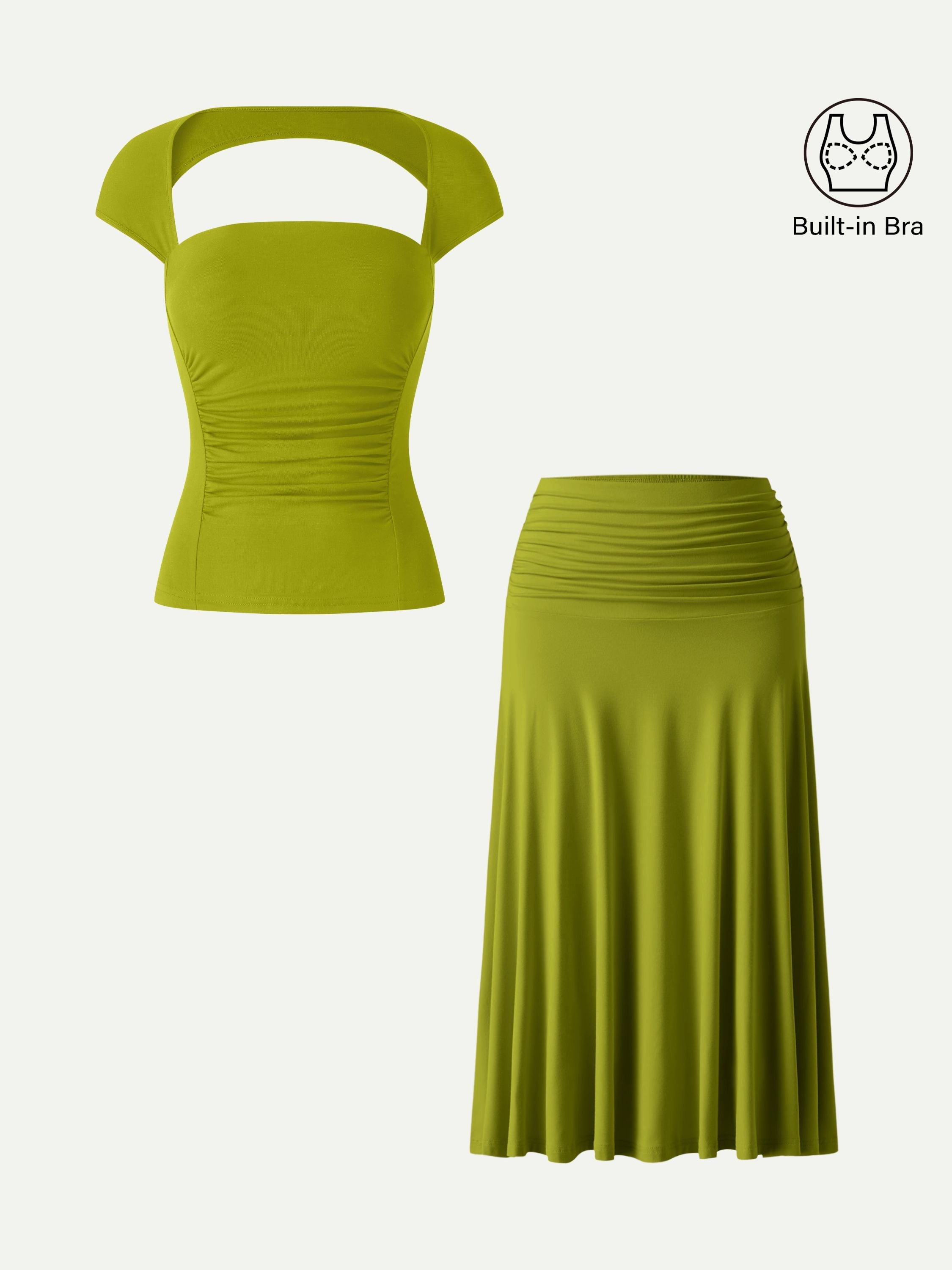 OGLmove Women's Square Neck Cutout Back Bra Top & A-Line Midi Skirt Set