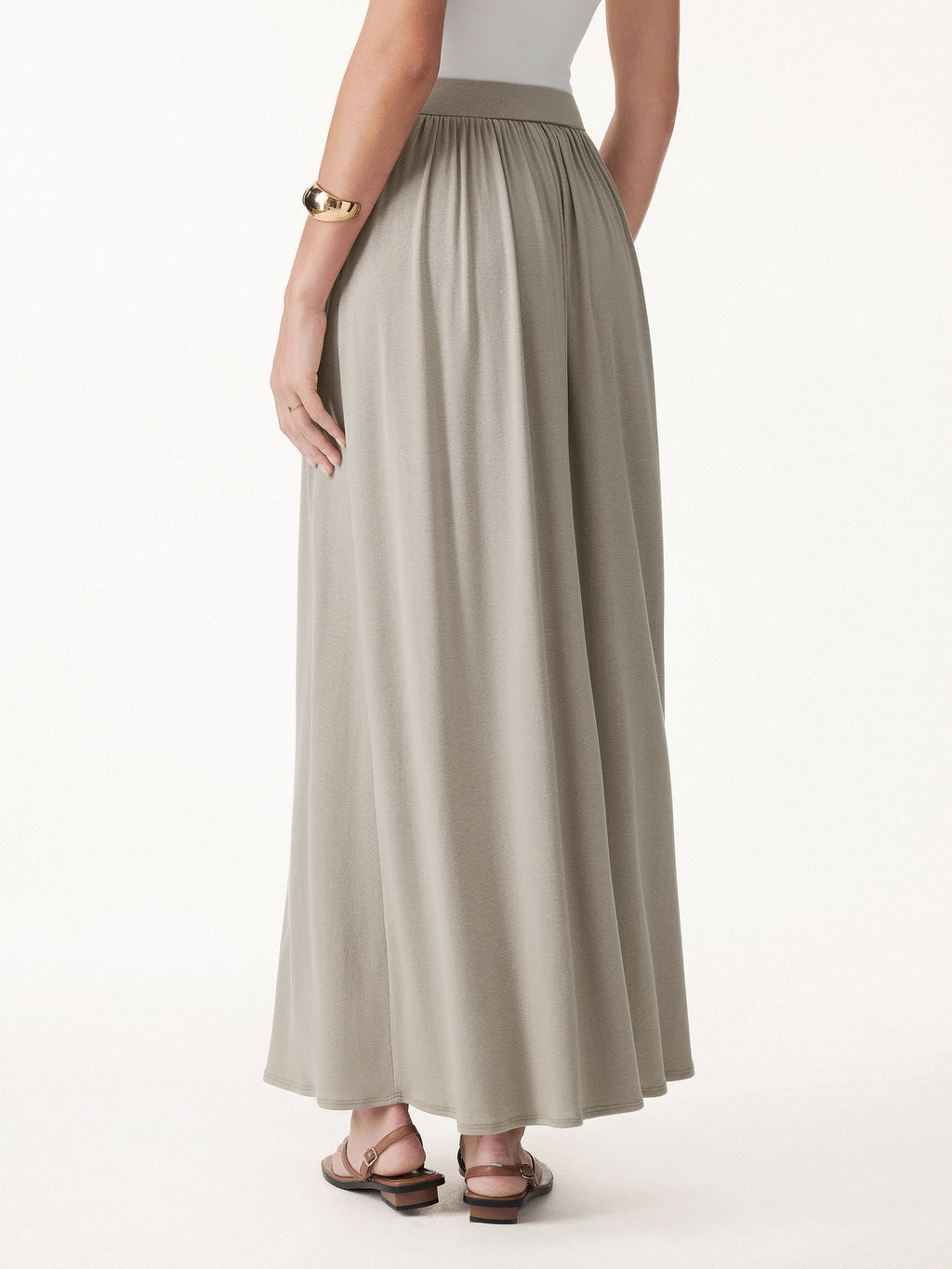 OGLmove Soft Linen Knit Gathered A-Line Maxi Skirt with Pockets