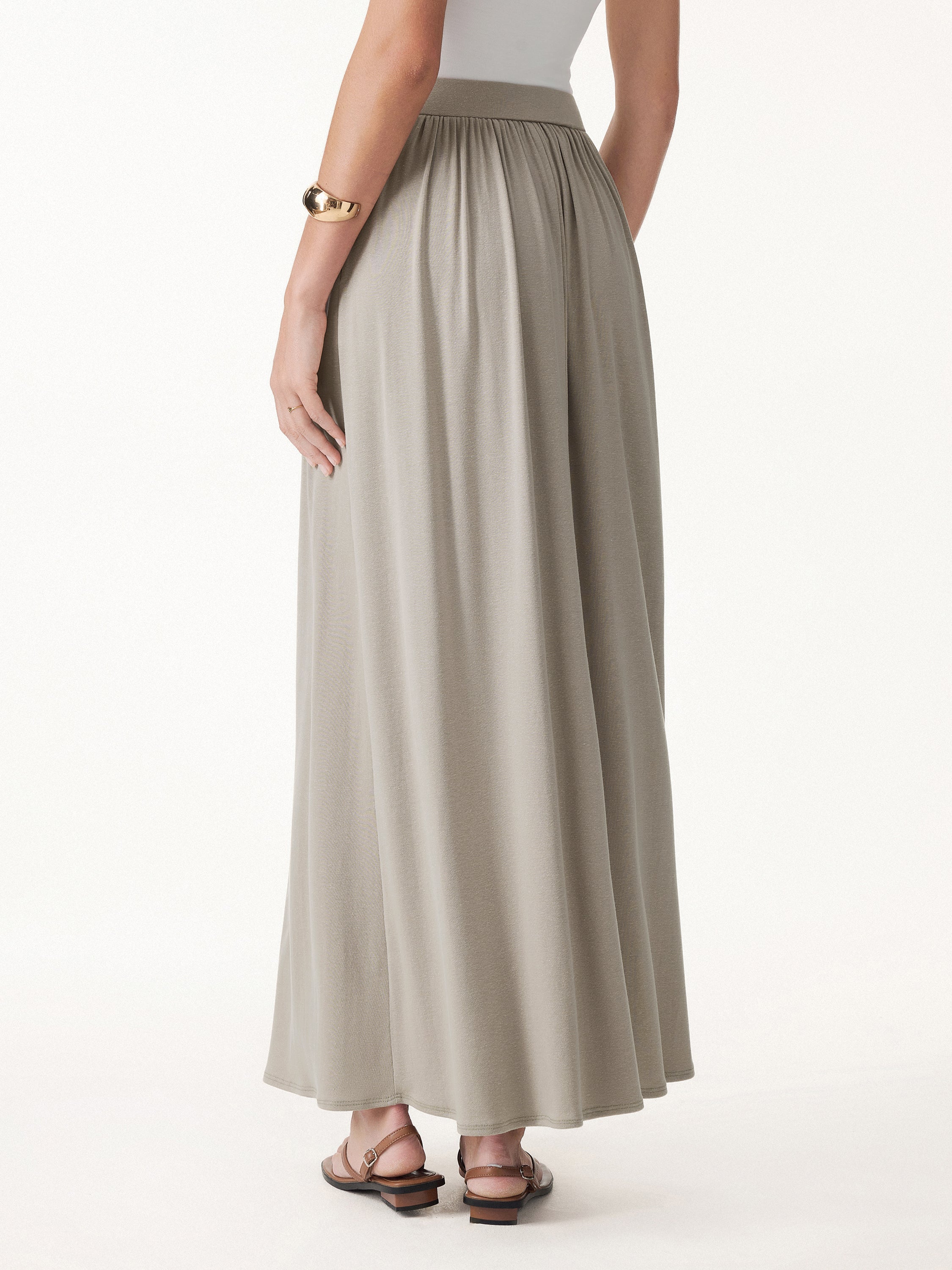 OGLmove Soft Linen Knit Gathered A-Line Maxi Skirt with Pockets