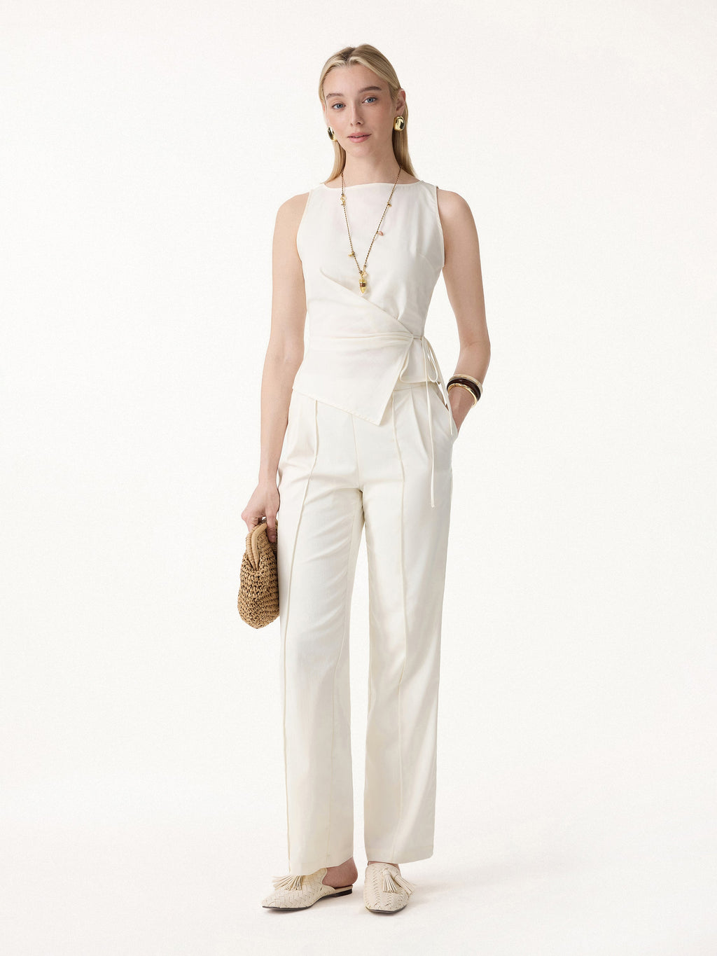 OGLmove Lyocell-Linen Blend Boatneck Waist-Defined Top