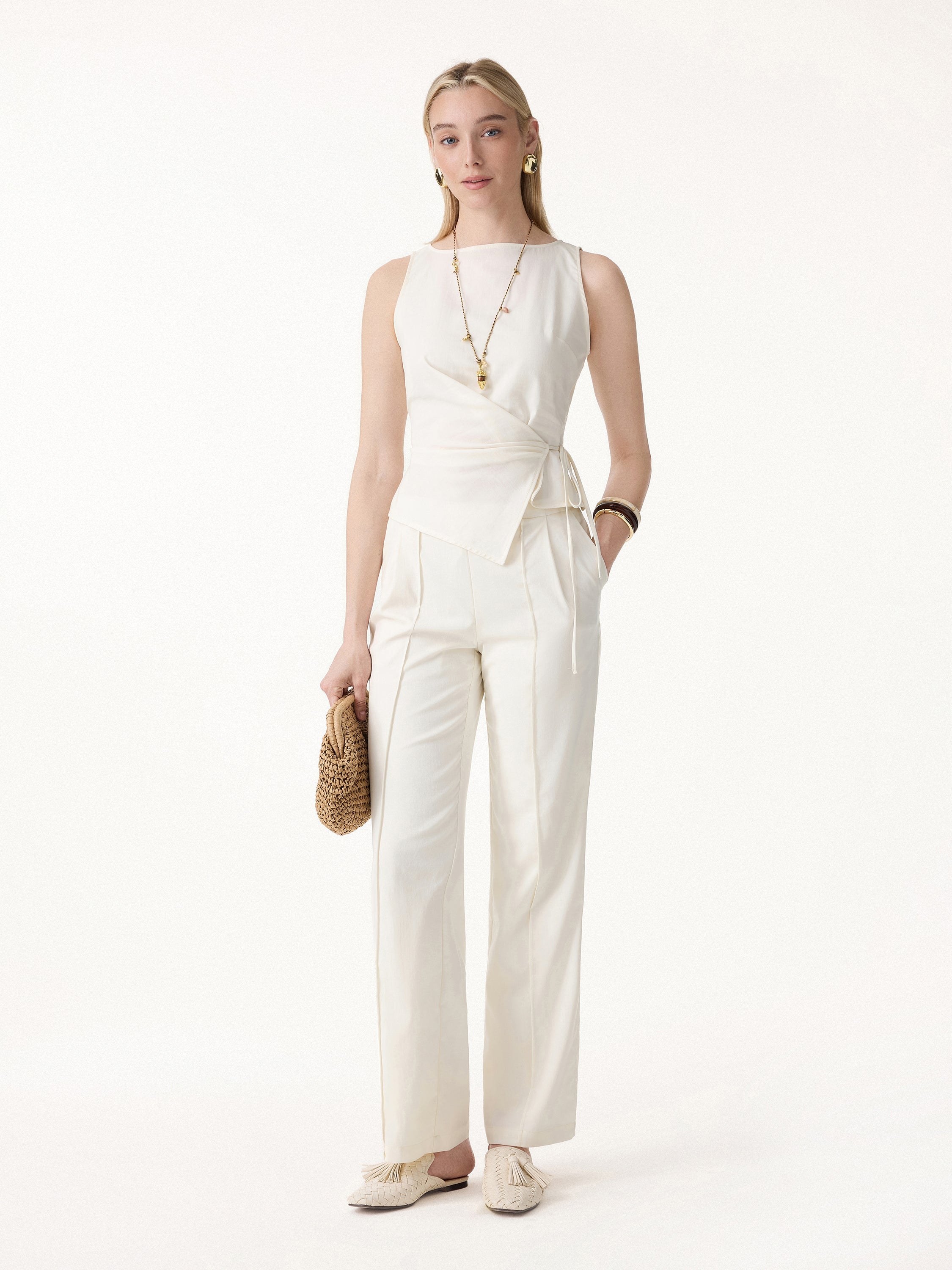 OGLmove Lyocell-Linen Blend Boatneck Waist-Defined Top