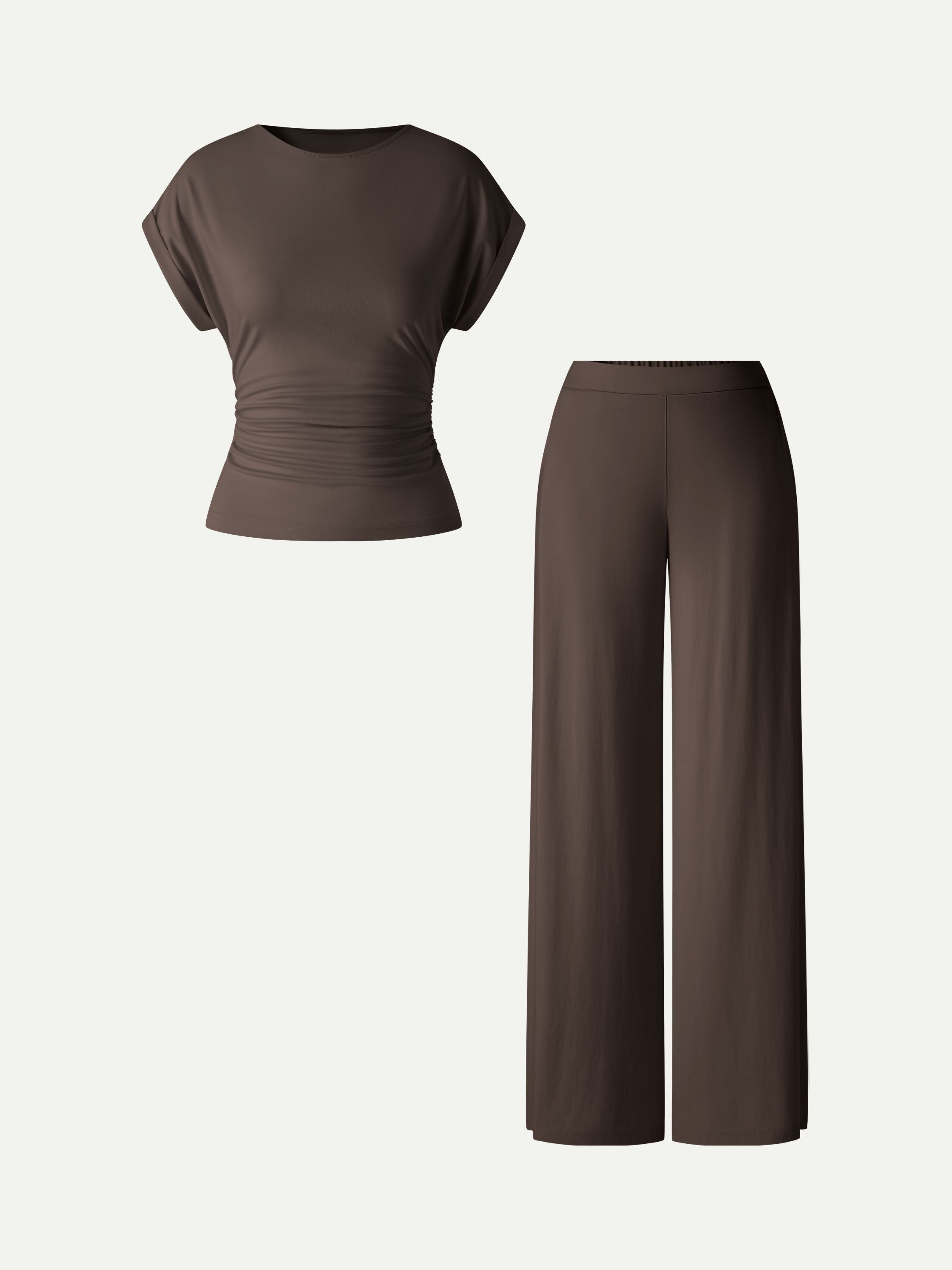 OGLmove Women's 2-Piece Set Round Neck Ruched Tee Wide Leg