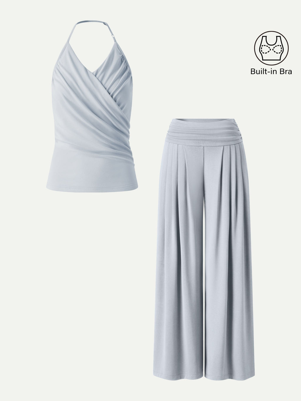 OGLmove Halter Neck Surplice Bra Top & Tucked Palazzo Pant Set with Pockets