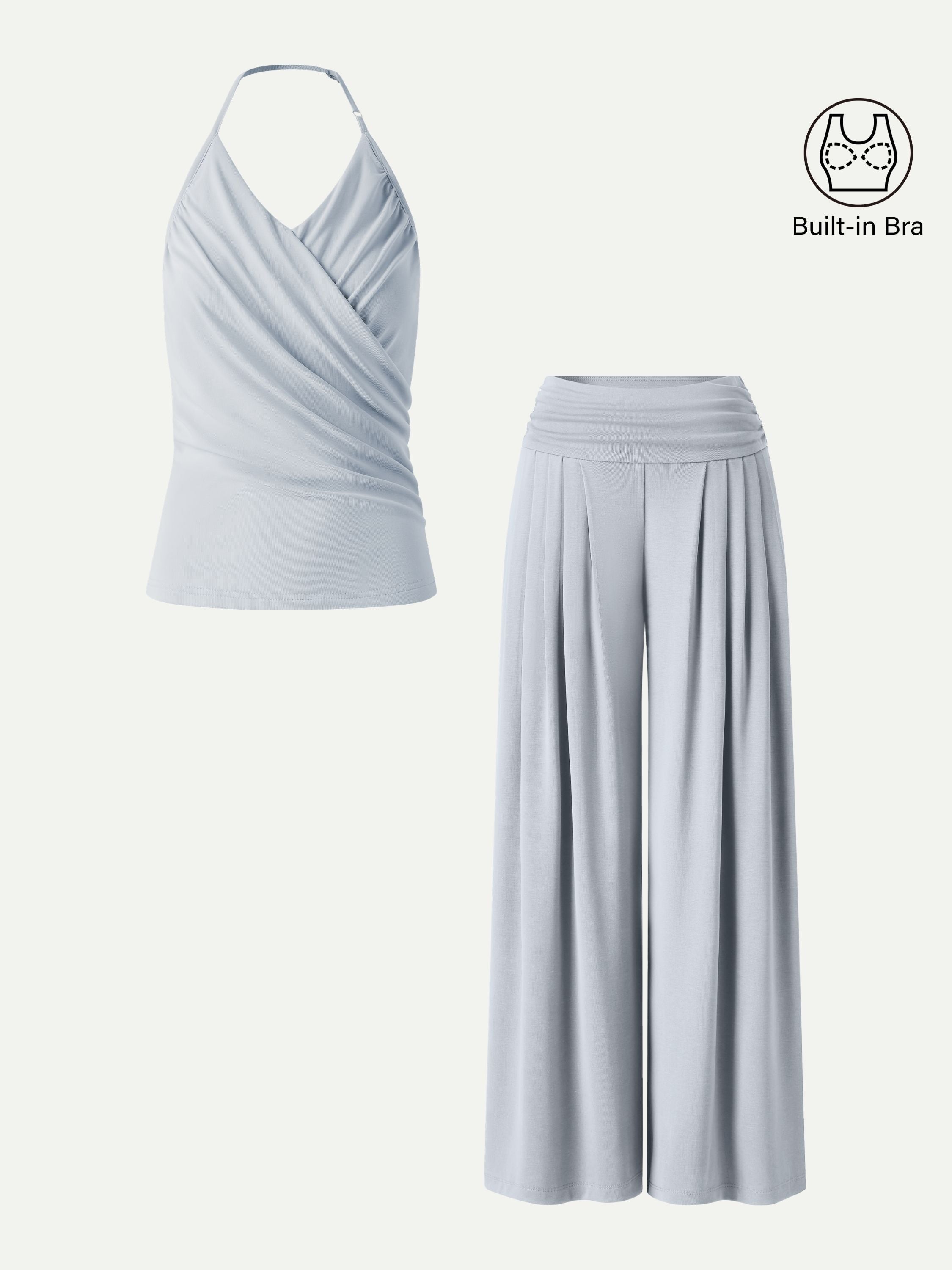 OGLmove Halter Neck Surplice Bra Top & Tucked Palazzo Pant Set with Pockets