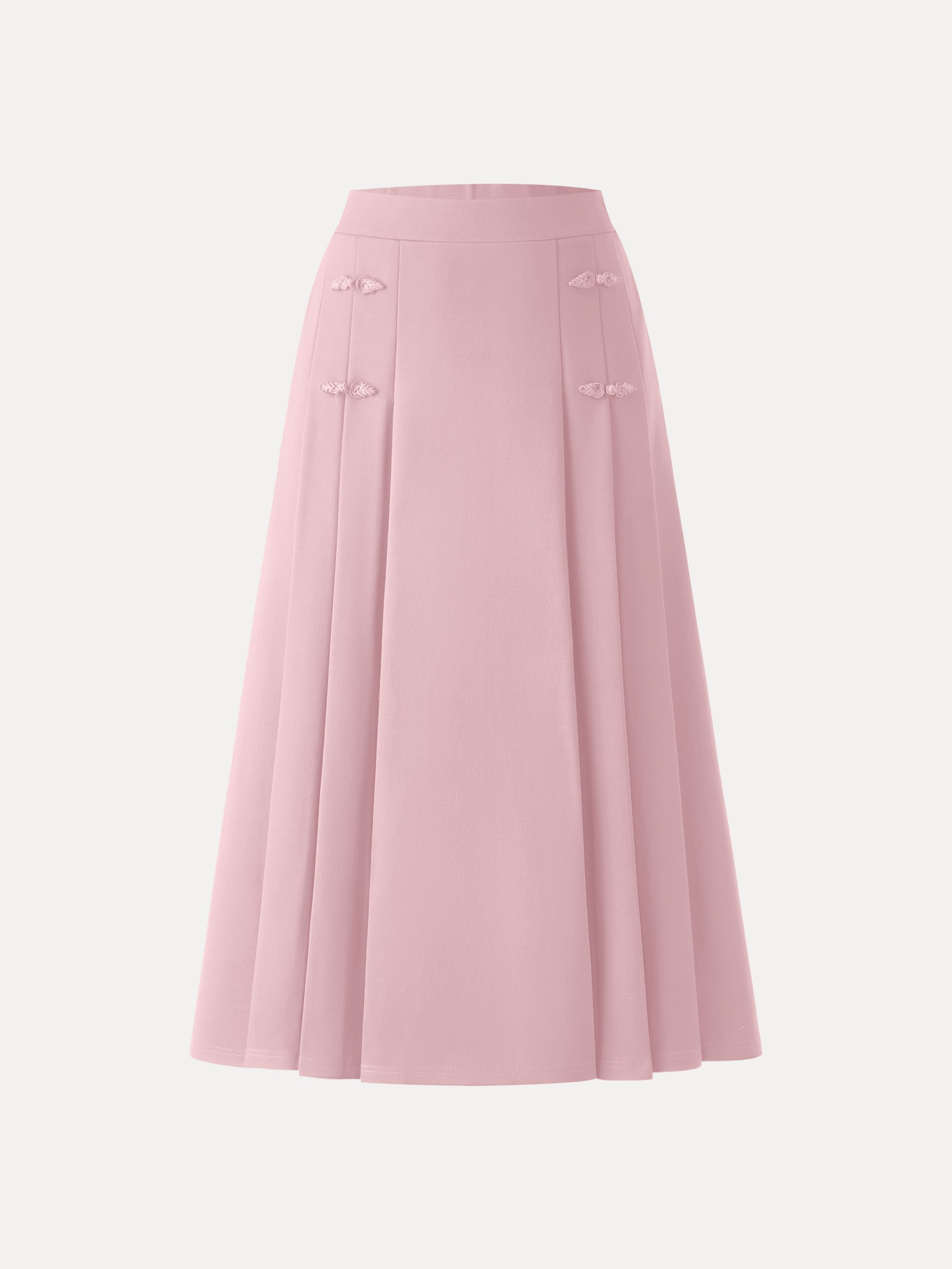 OGLmove Pleated Frog Button Decor A-Line Midi Skirt