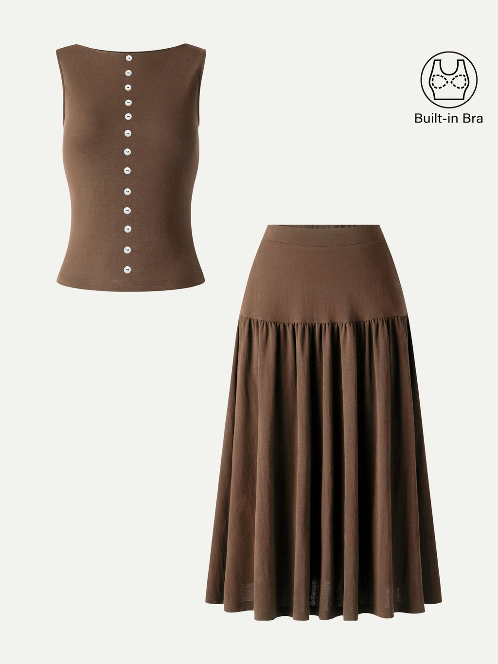 OGLmove 2Pcs Set Cropped Bra Top & Midi Skirt with Pockets