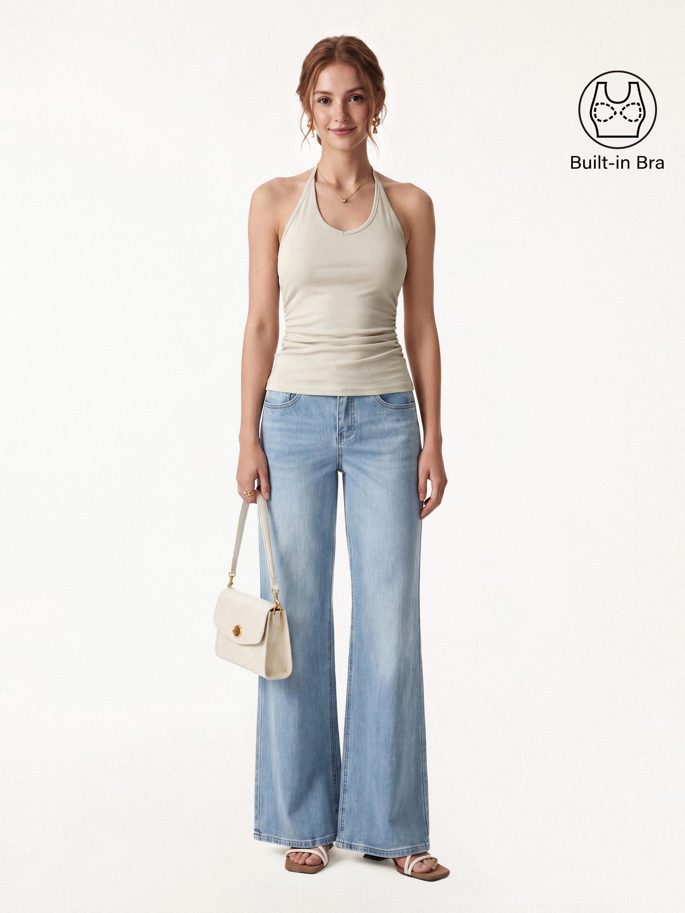 OGLmove Modal Halter Neck Open Back Ruched Bra Top