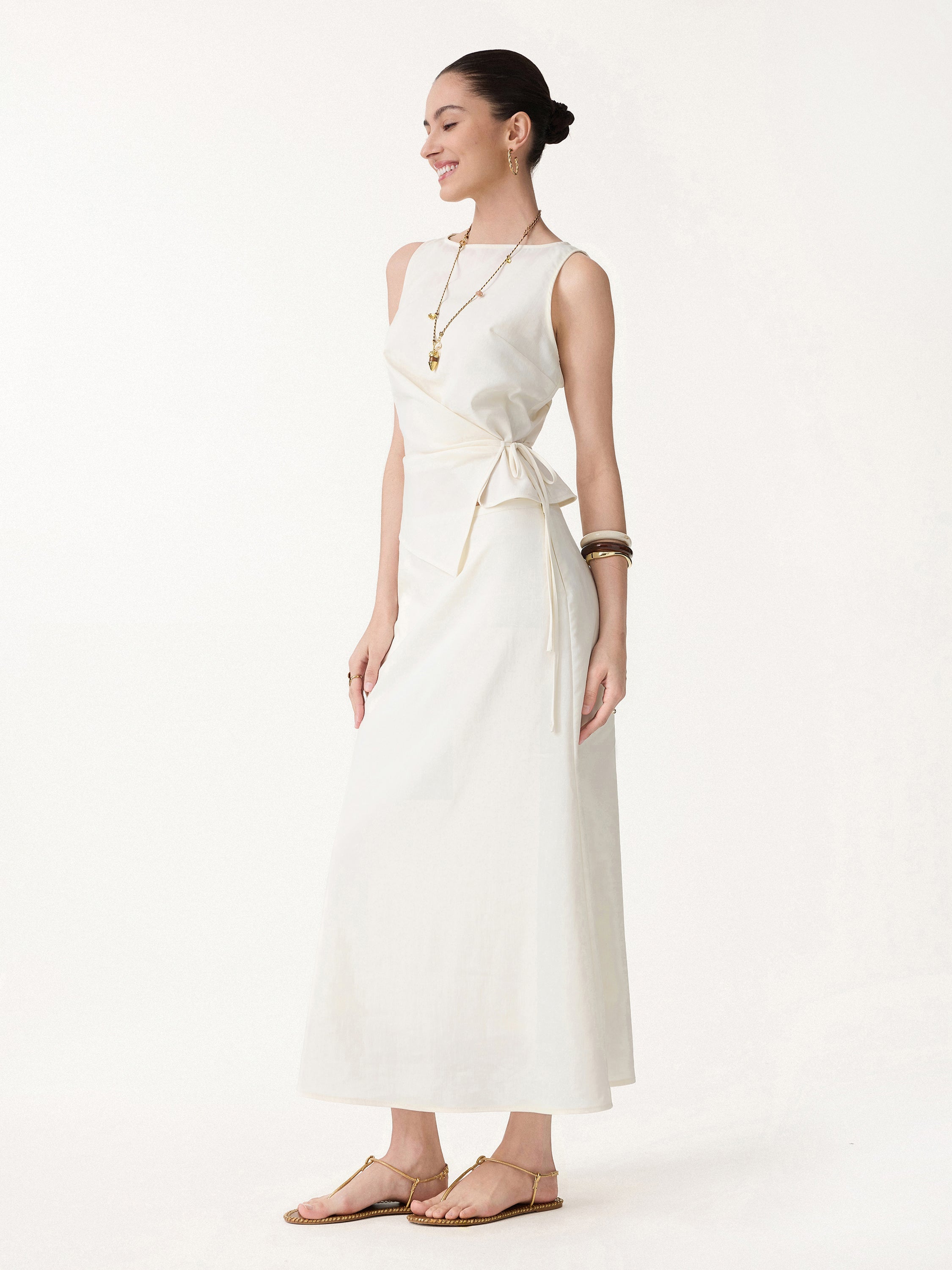 OGLmove Boatneck Waist-Defined Top & Maxi Flared Pull-On Skirt Set