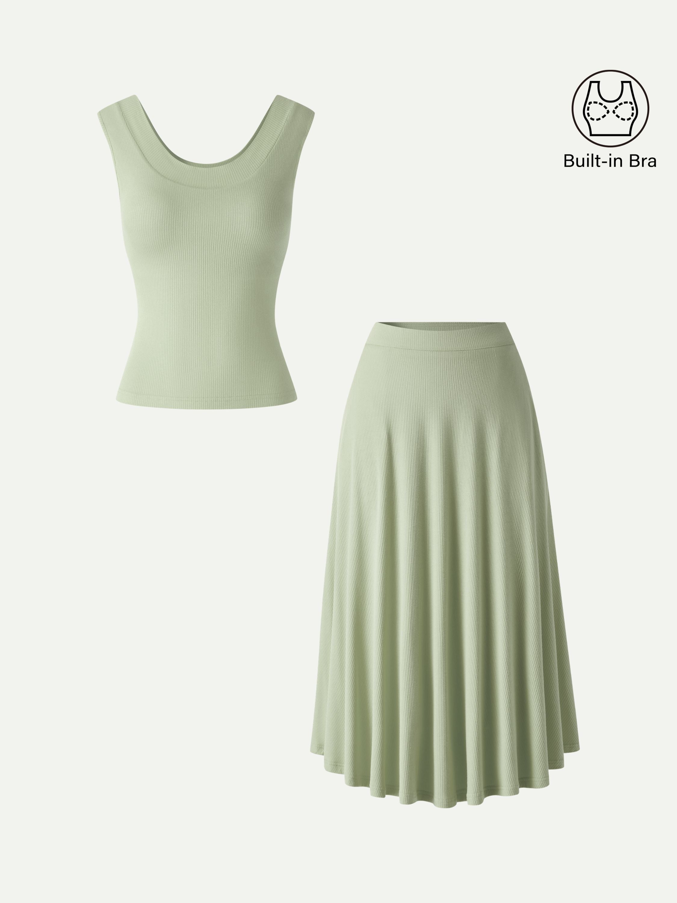 OGLmove U-Neck Bra Tank & Midi Skirt Set with Pockets