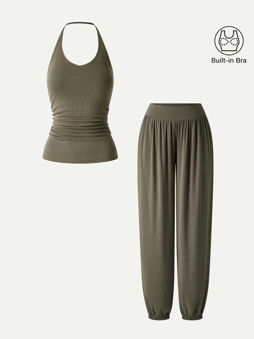 OGLmove 2-Piece Open Back Bra Top & Balloon Pants with Pockets
