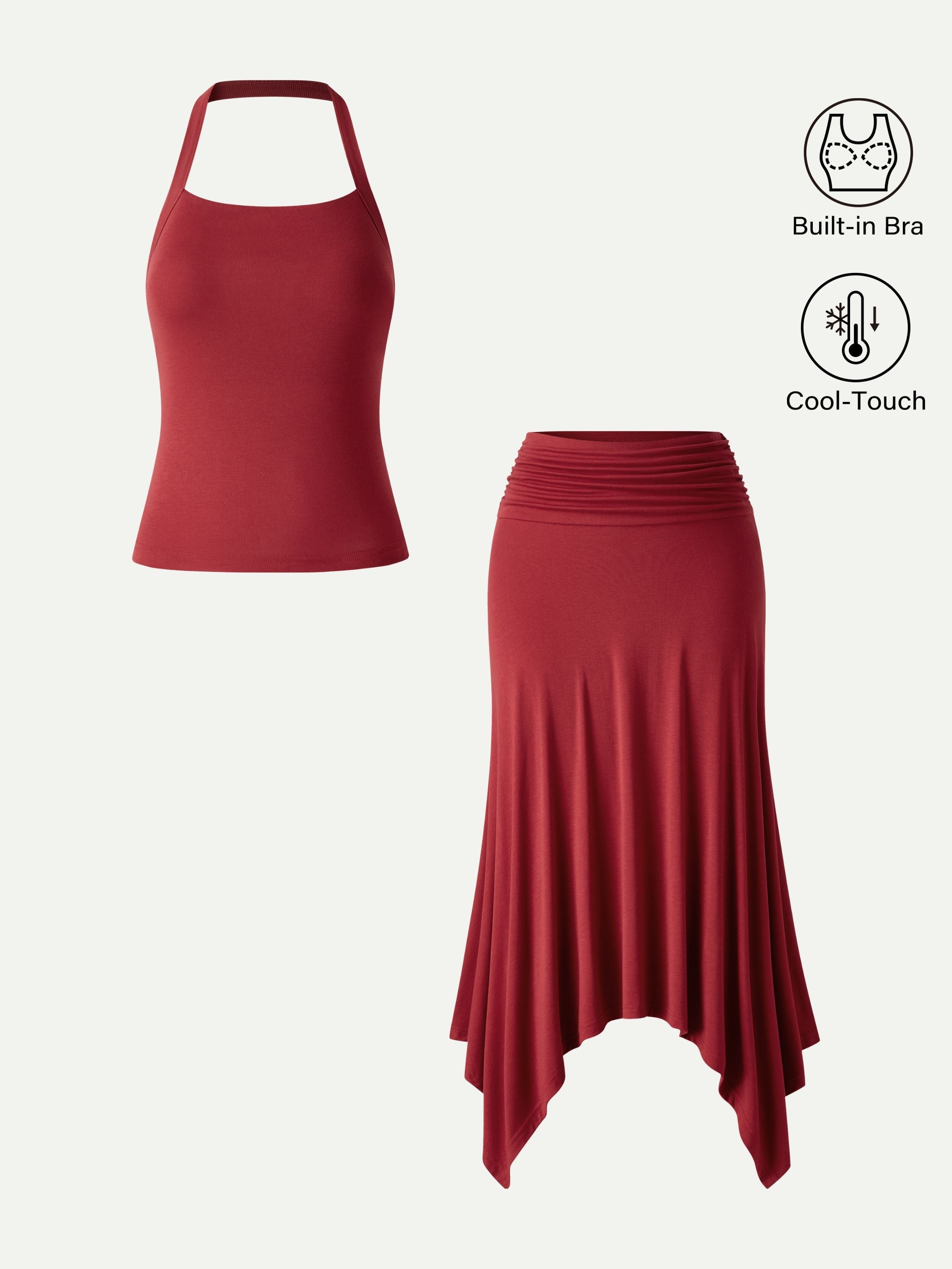 OGLmove Sleek Halter Bra Top and Handkerchief Hem Skirt Set