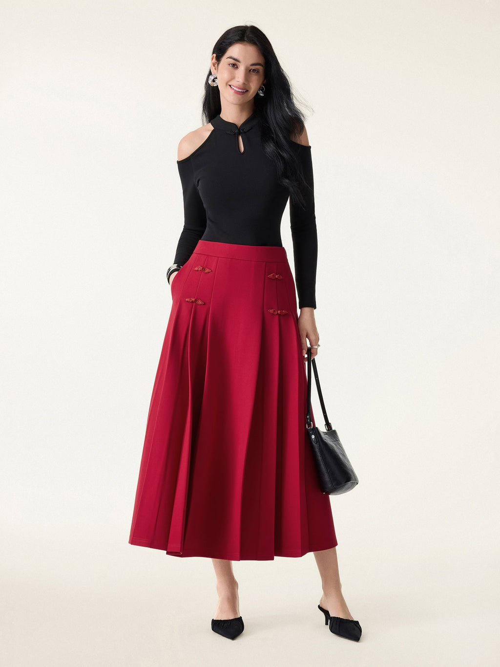 OGLmove Pleated Frog Button Decor A-Line Midi Skirt
