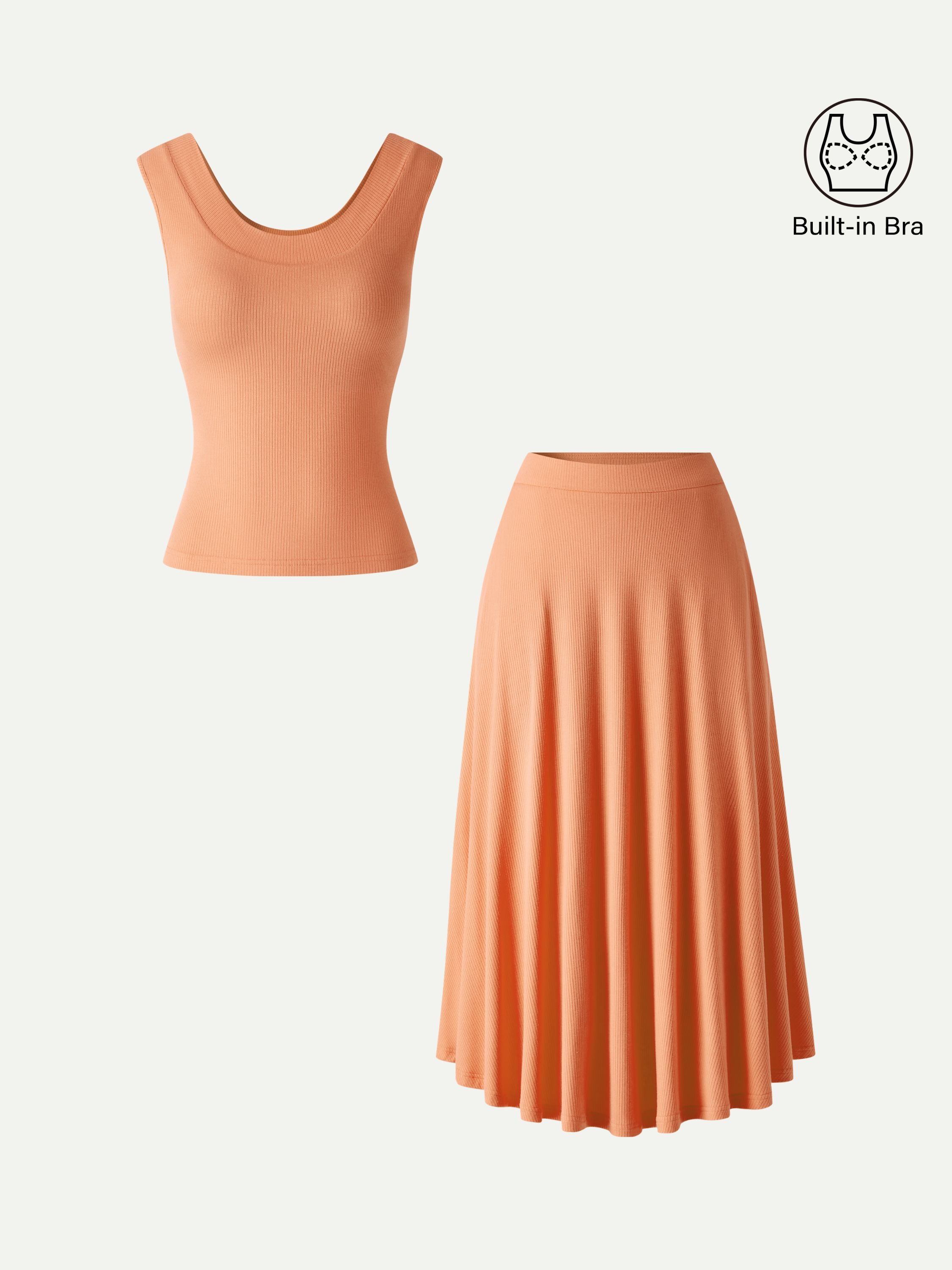 OGLmove U-Neck Bra Tank & Midi Skirt Set with Pockets