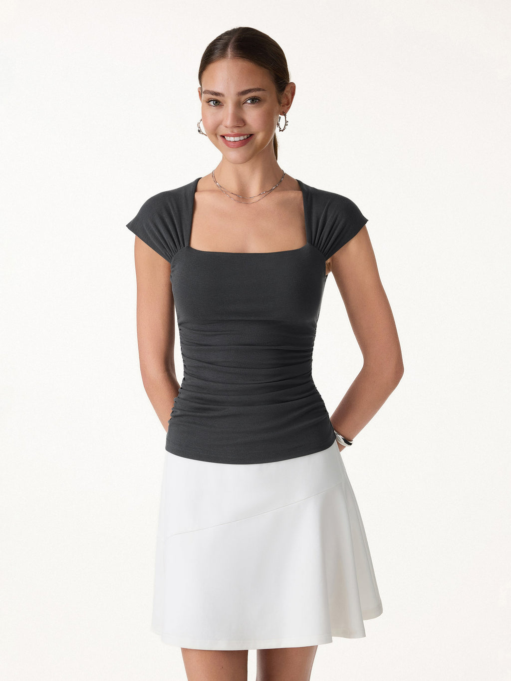 OGLmove Women's Cool-Touch Square Neck Cap Sleeve Ruched Bra Top