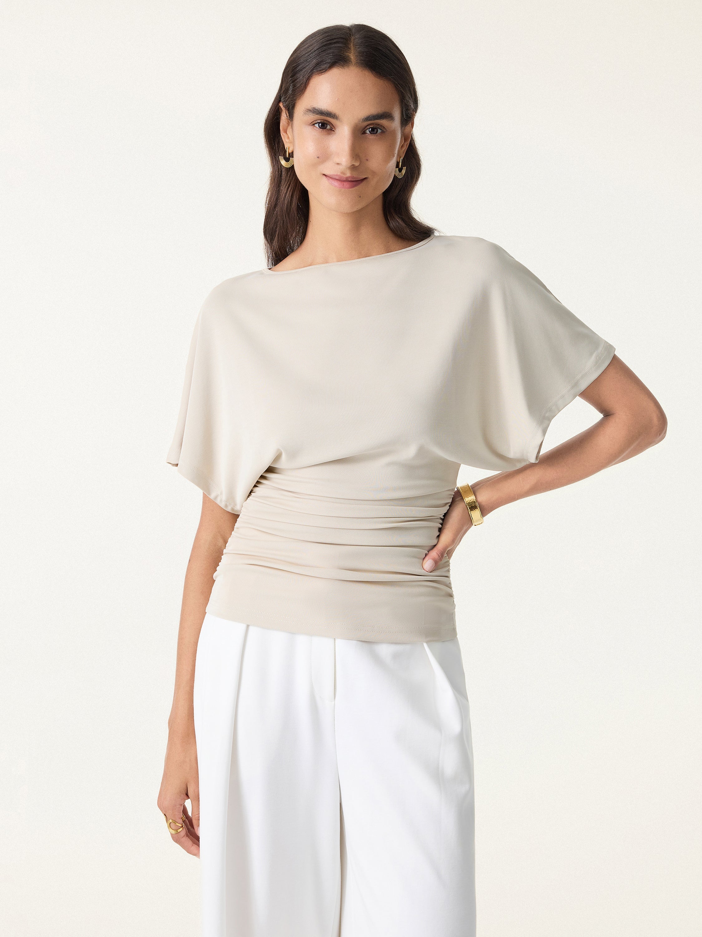 OGLmove Boatneck Batwing Sleeve Side Ruched Top