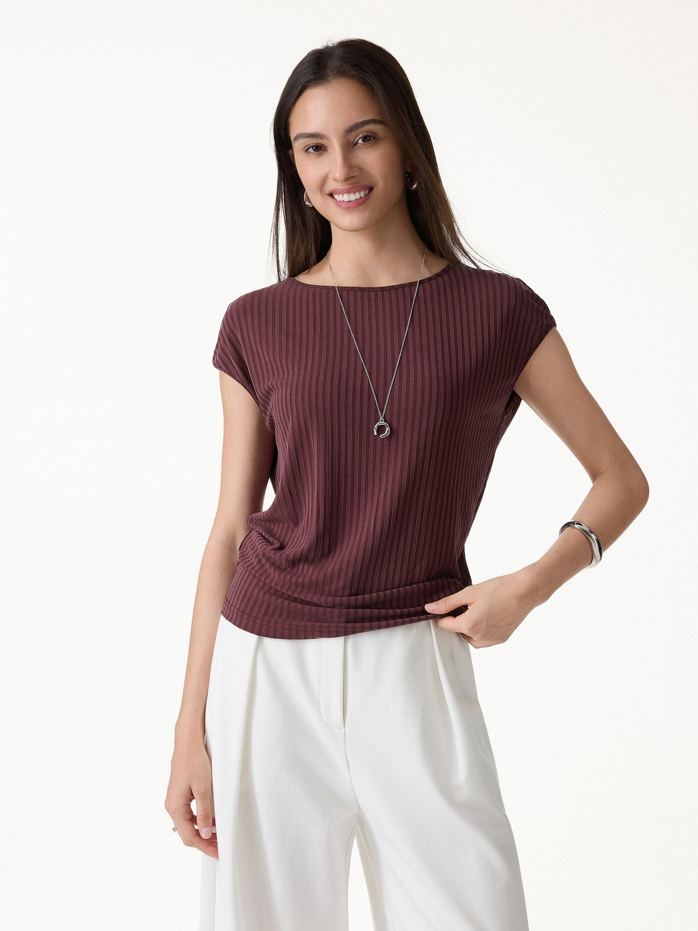 OGLmove Wrinkle-Free Ultra-Soft Boatneck Cap Sleeve Ribbed Top