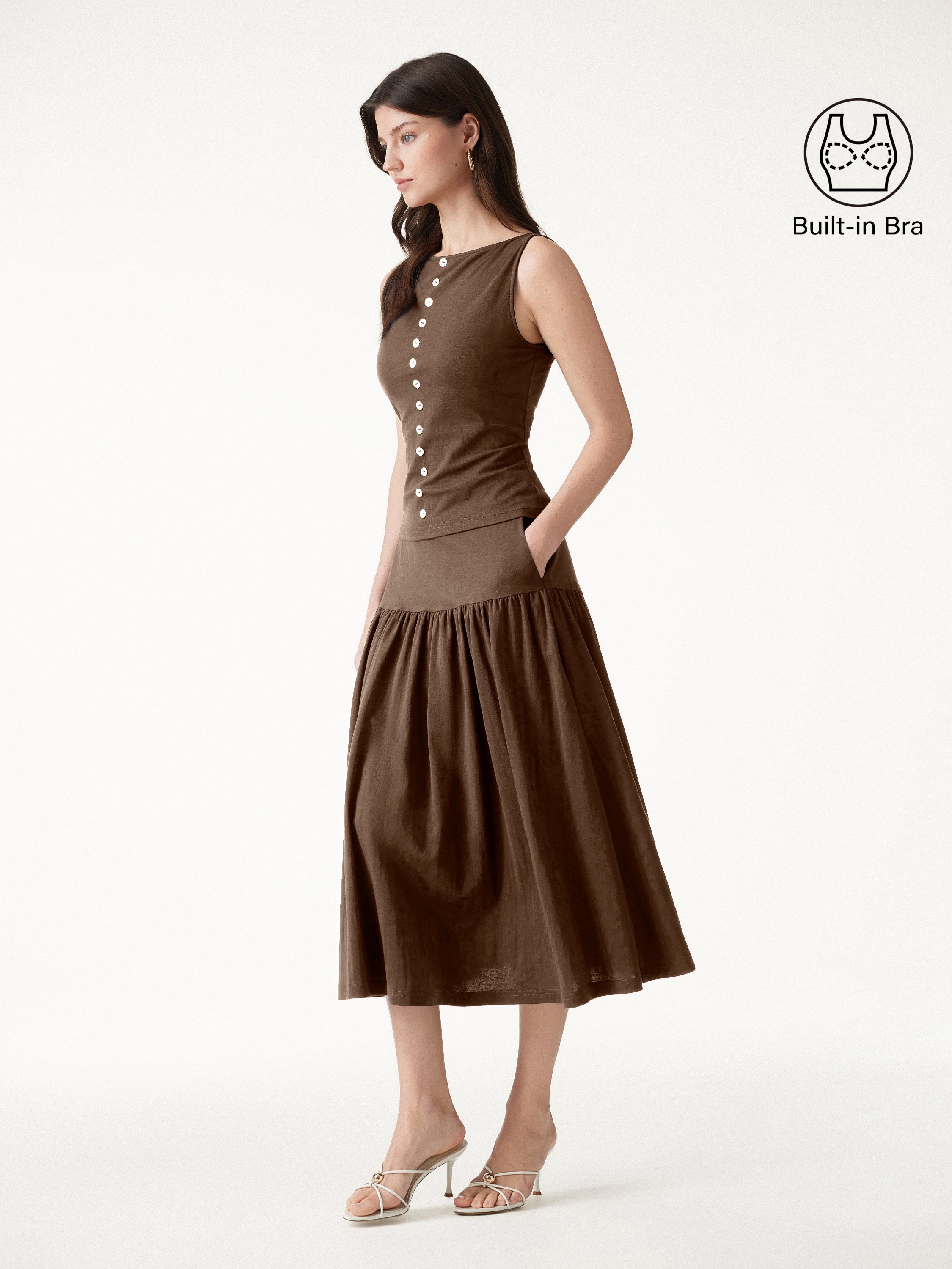 OGLmove 2Pcs Set Cropped Bra Top & Midi Skirt with Pockets