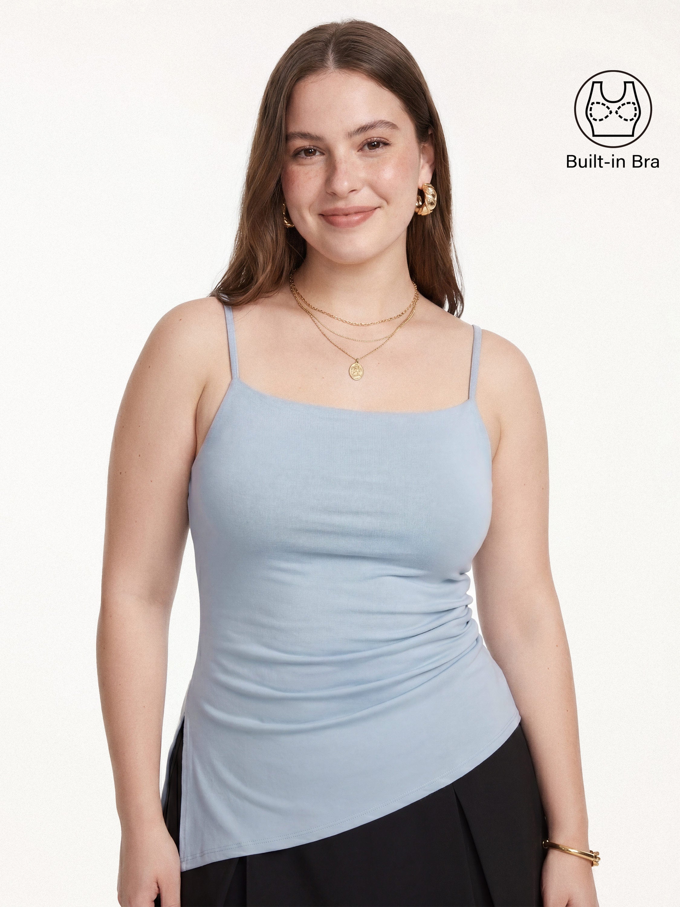 OGLmove Square Neck Spaghetti Bra Top with Side Slit