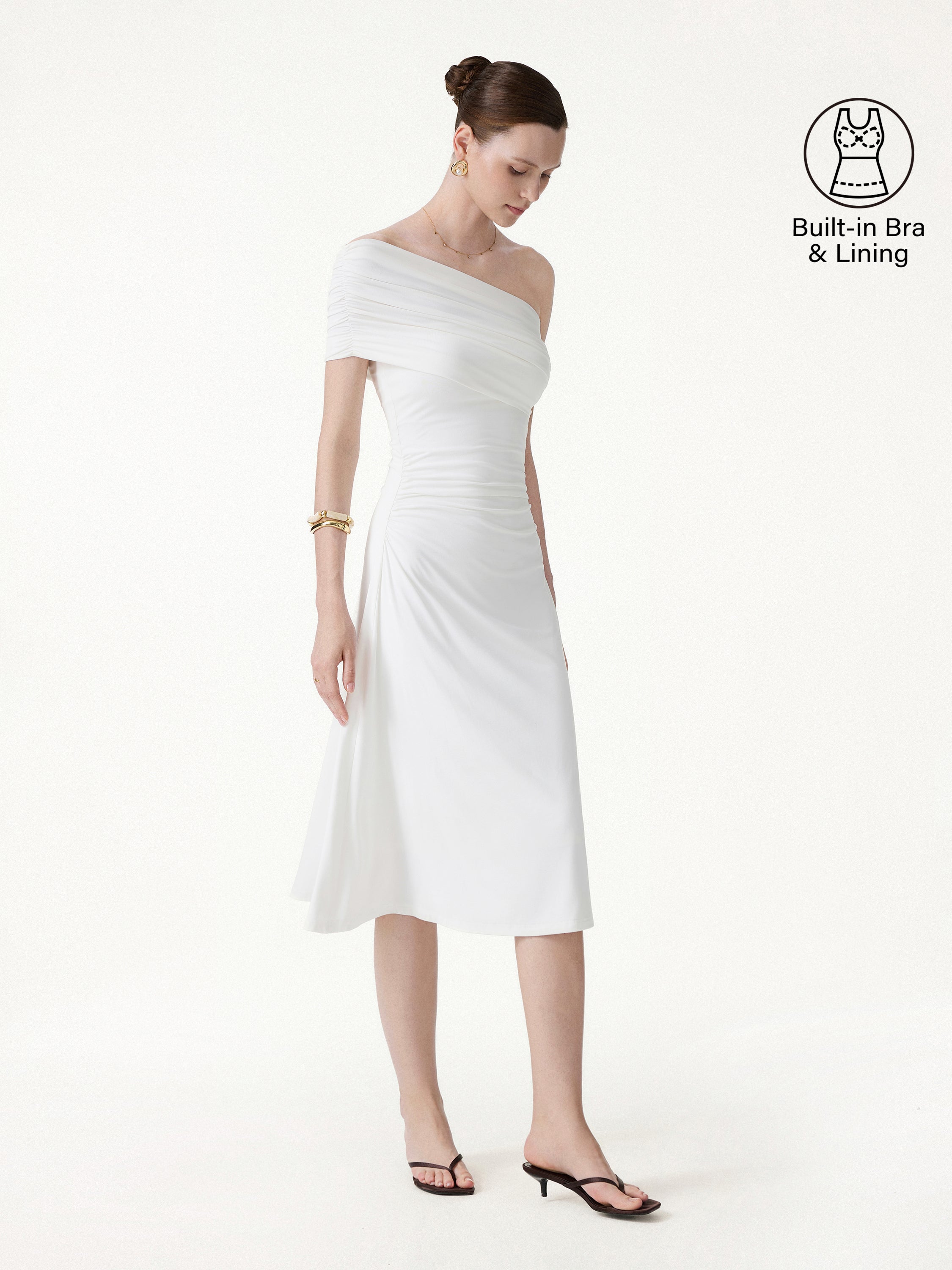 OGLmove Not-See-Thru One Shoulder Gathered Midi Bra Dress