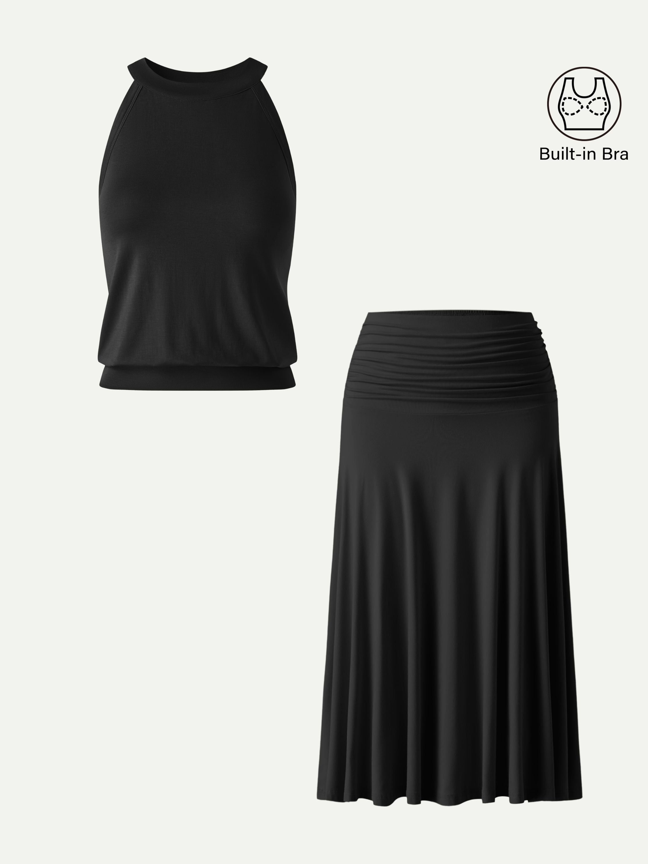 OGLmove Women's Halter Neck Bra Top & A-Line Midi Skirt 2-Piece Set