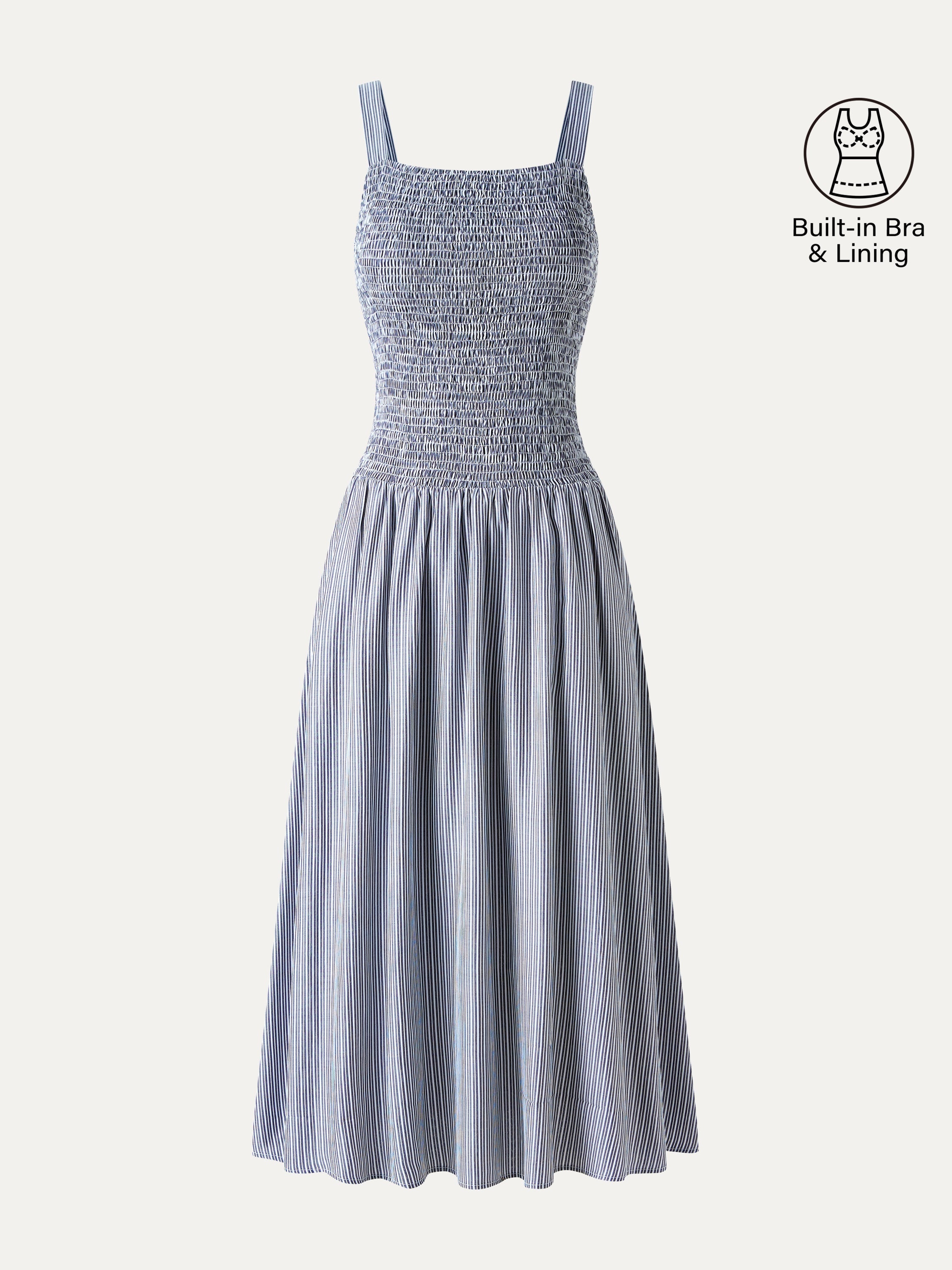 OGLmove Striped Poplin Square Neck Smocked Midi Bra Dress